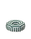 Angle view of a luxury round inflatable pool float with green and white stripes, featuring an open center and tailored upholstered finish.