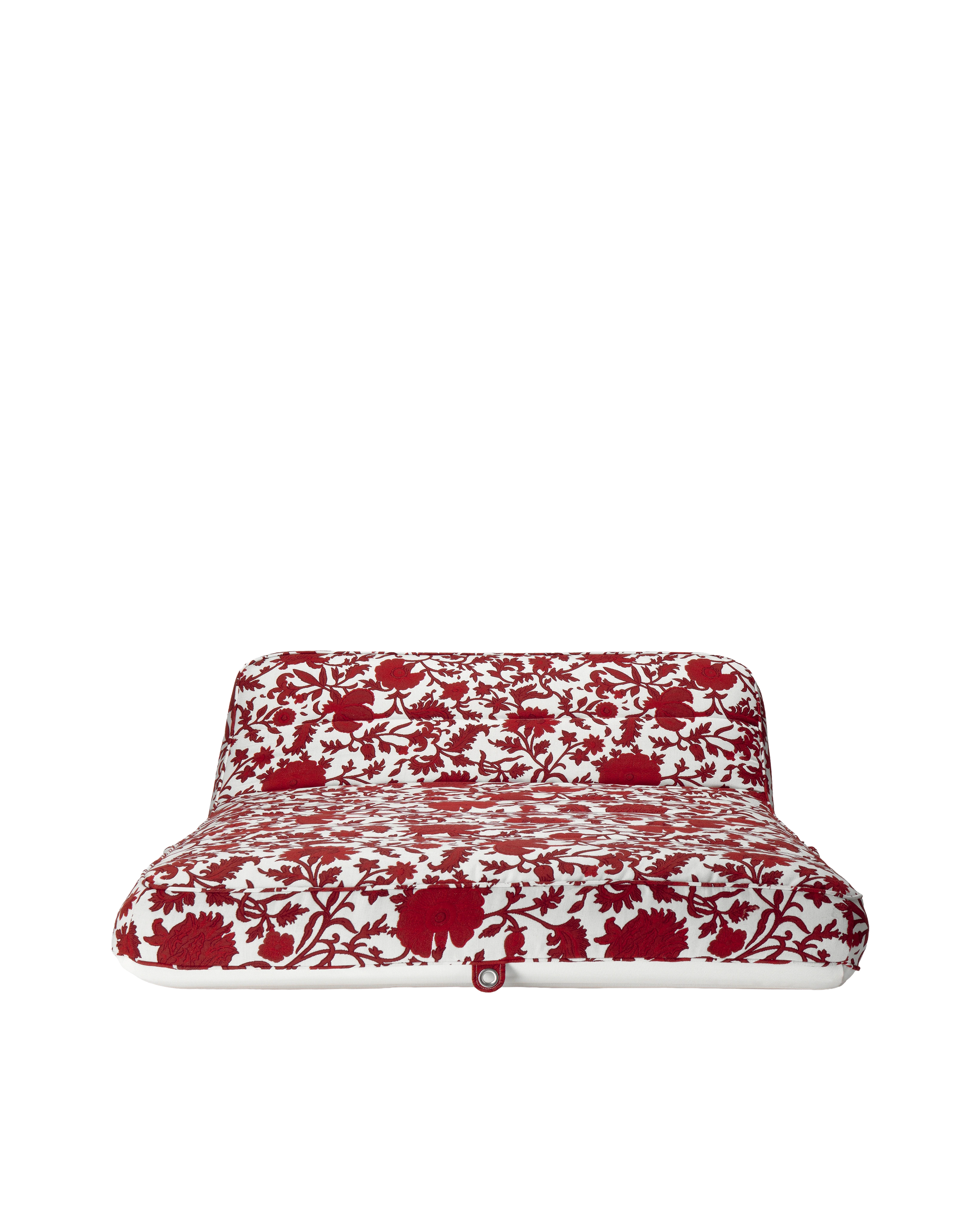 Front-facing view of a luxury red and white flower jacquard fabric inflatable pool lounger with backrest, designed for elevated poolside comfort.