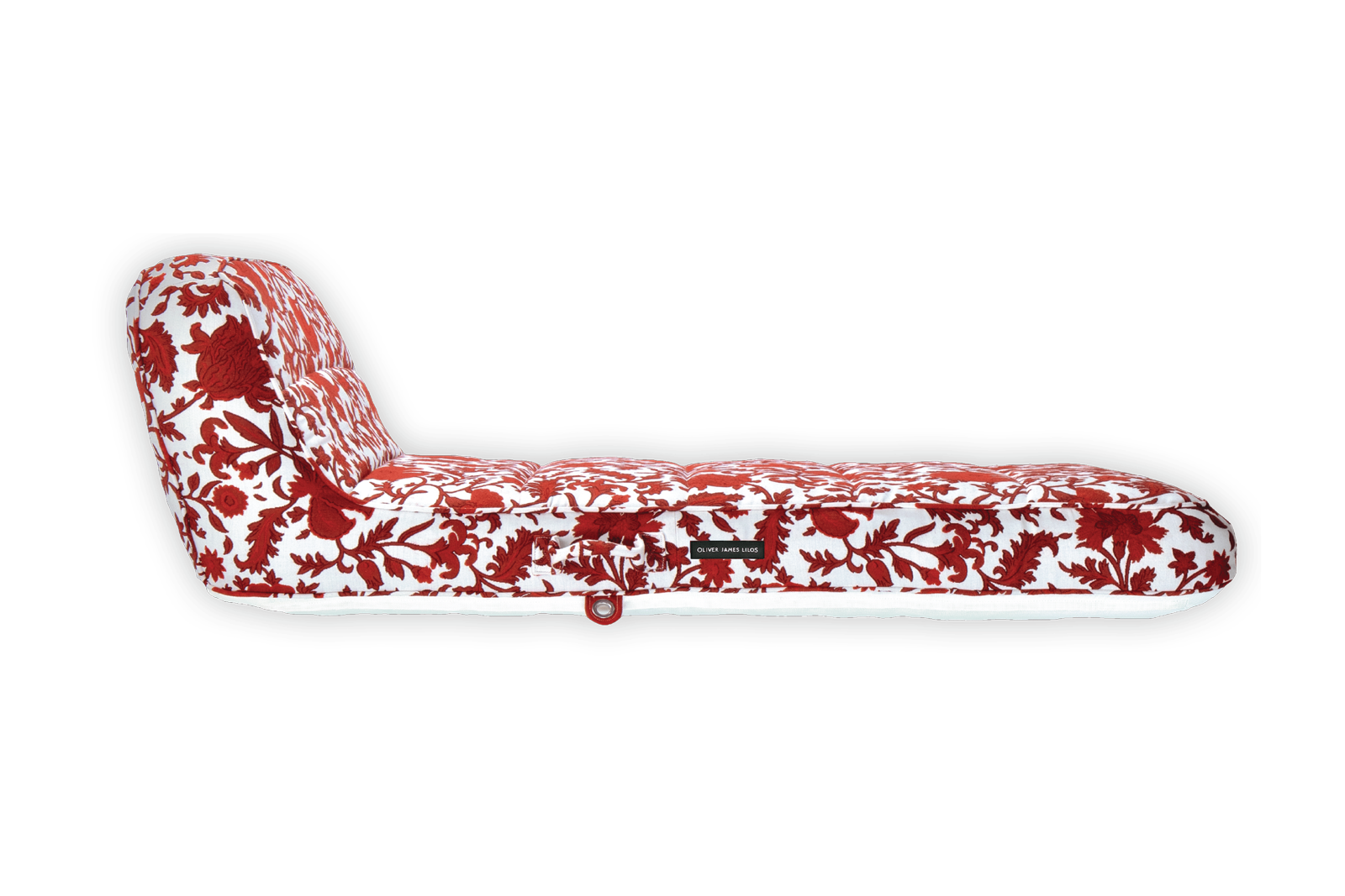 The side of a luxury pool float in a red and white patterned fabric.