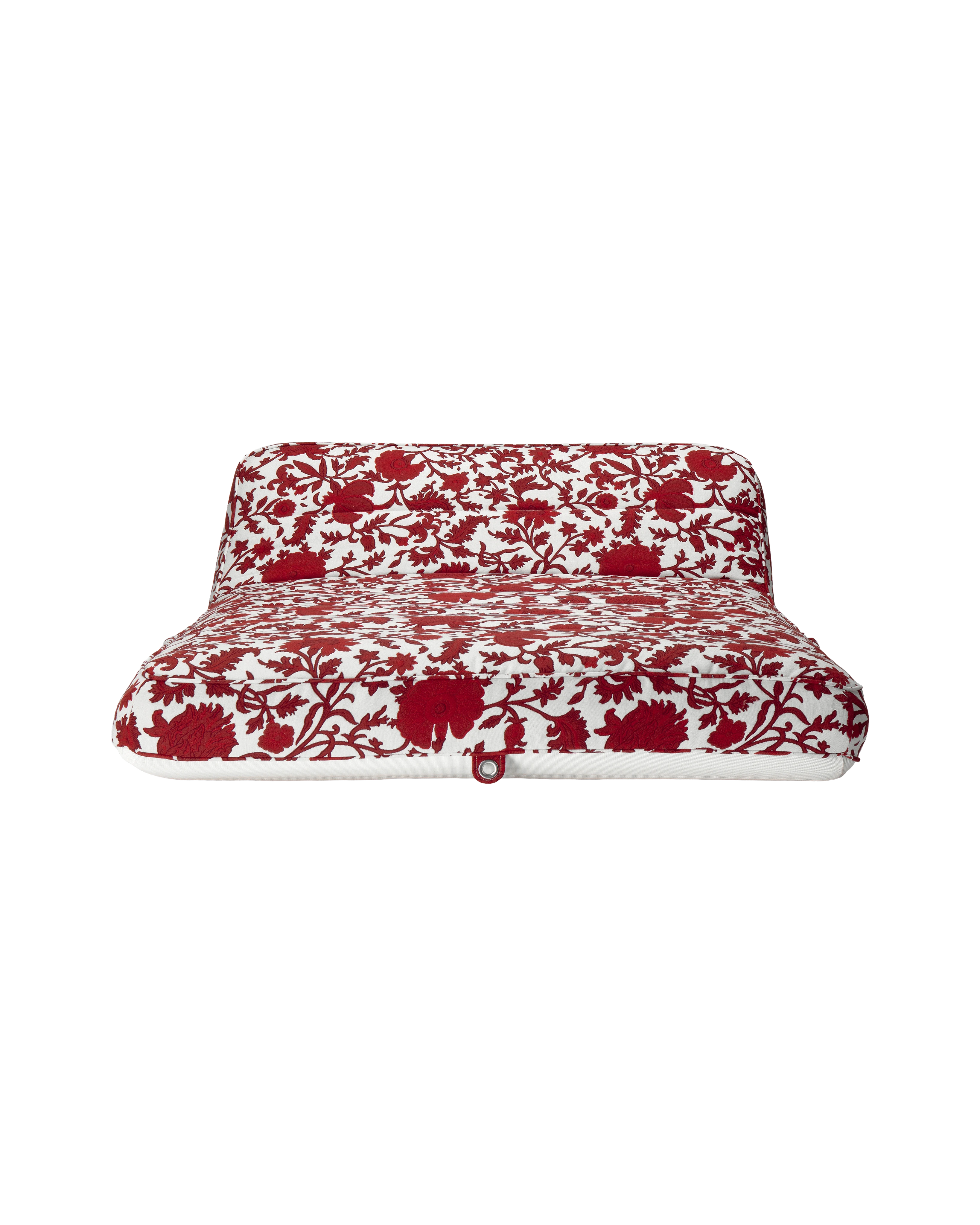 Front-facing view of a luxury red and white flower jacquard fabric inflatable pool lounger with backrest, designed for elevated poolside comfort.
