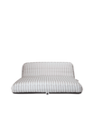 Front-facing view of a luxury beige and white striped inflatable pool lounger with backrest, designed for elevated poolside comfort.