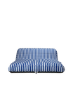 Front-facing view of a luxury blue and white striped inflatable pool lounger with backrest, designed for elevated poolside comfort.