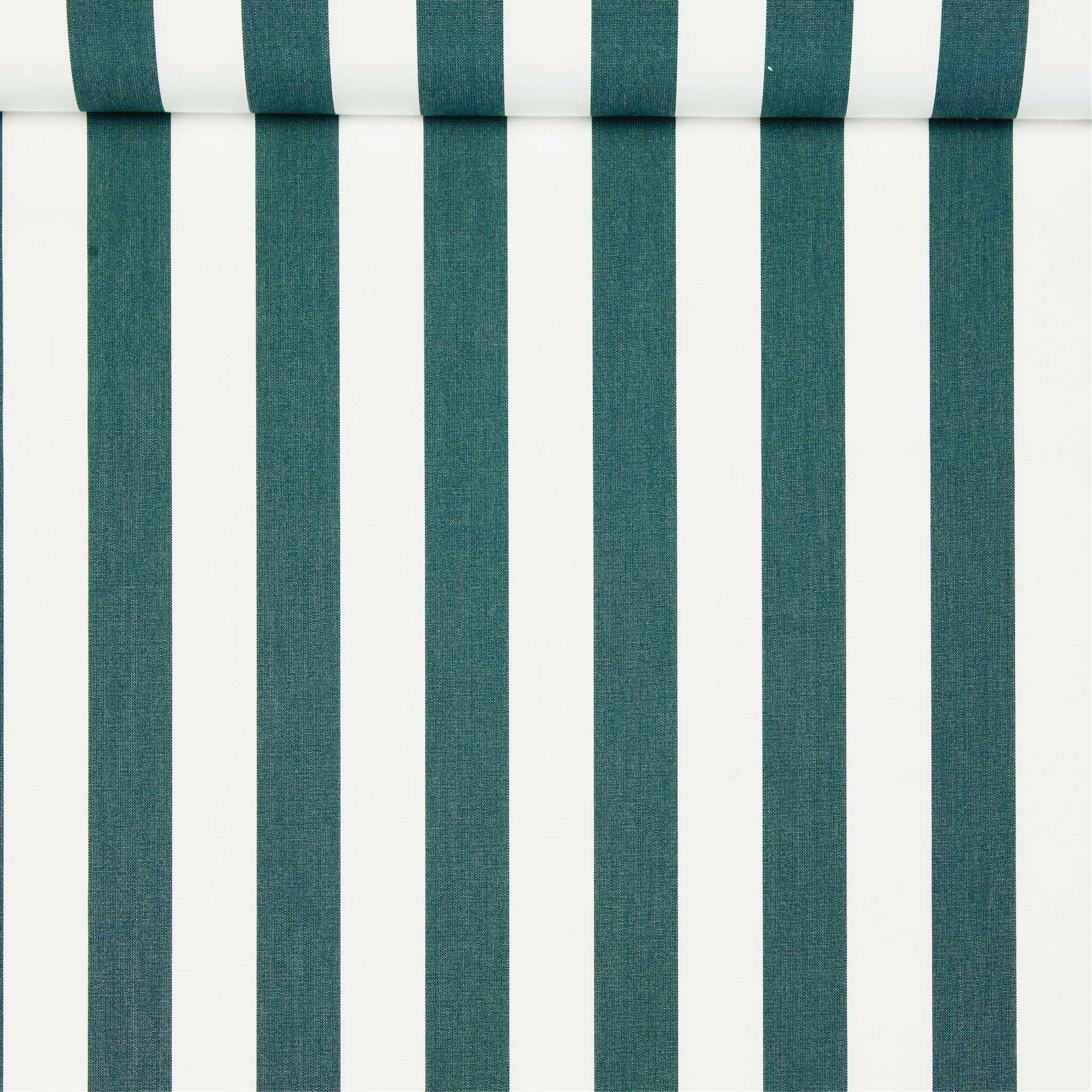 A birds eye view of a jacquard woven white and green stripe pattern outdoor performance fabric roll.