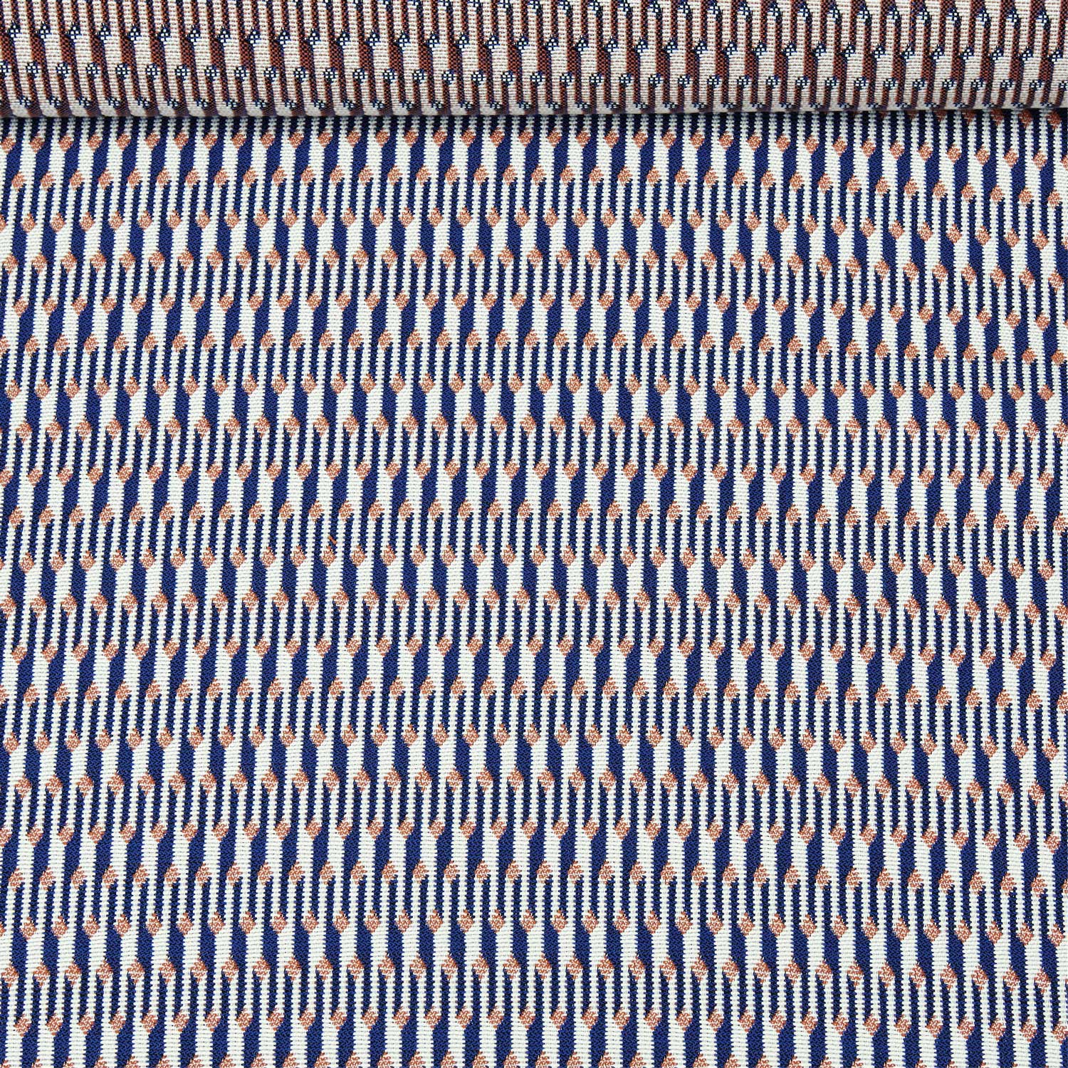 A birds eye view of a jacquard woven blue, white and orange pattern outdoor performance fabric roll.