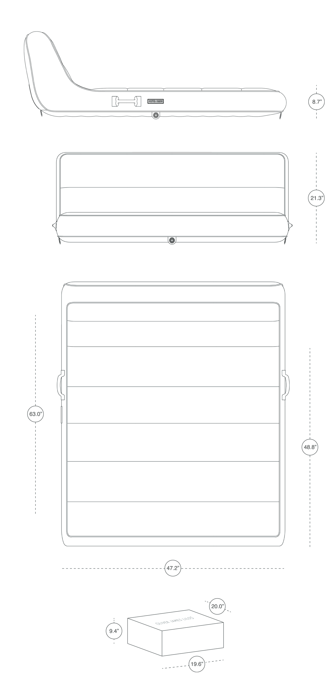 An orthographic drawing in Inches of a double luxury Oliver James Lilos Pool Float.