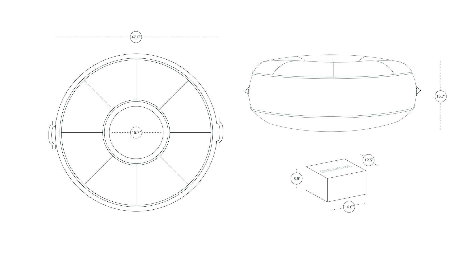 An orthographic drawing in inches of a luxury pool float lounger.