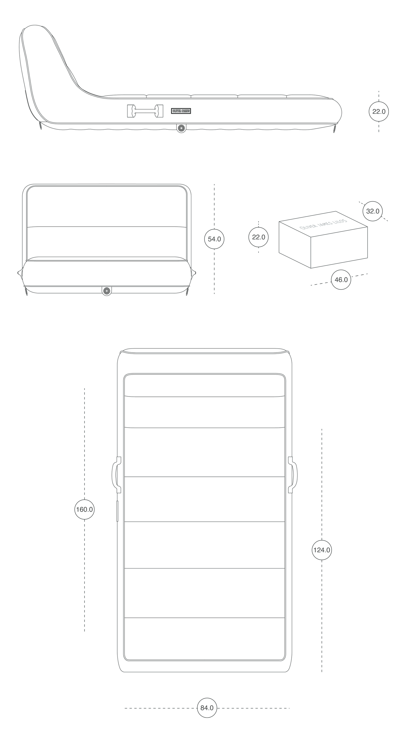 An orthographic drawing in centimeters of a luxury pool float.
