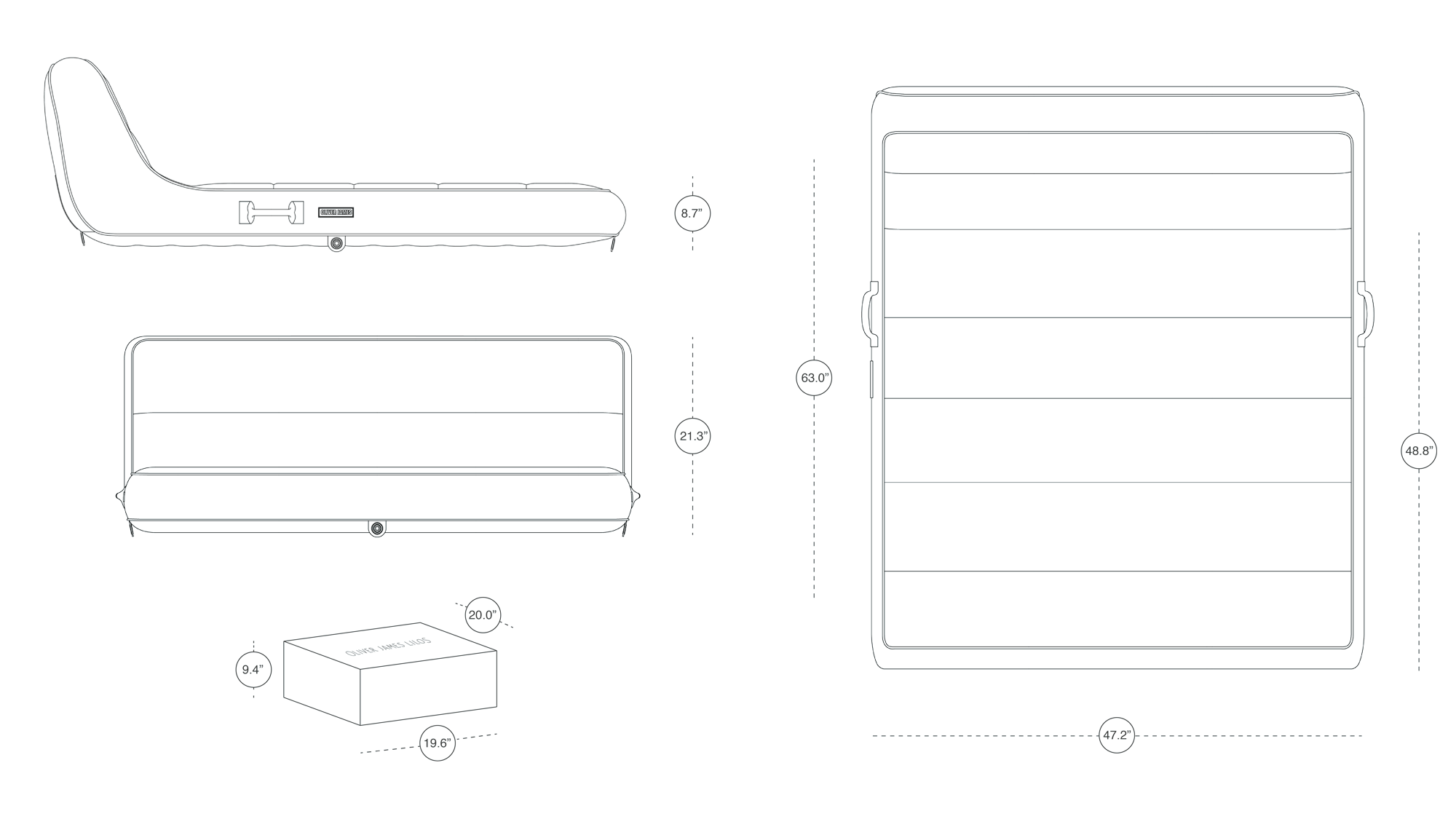 An orthographic drawing in Inches of a double luxury Oliver James Lilos Pool Float.An orthographic drawing in Inches of a double luxury Oliver James Lilos Pool Float.
