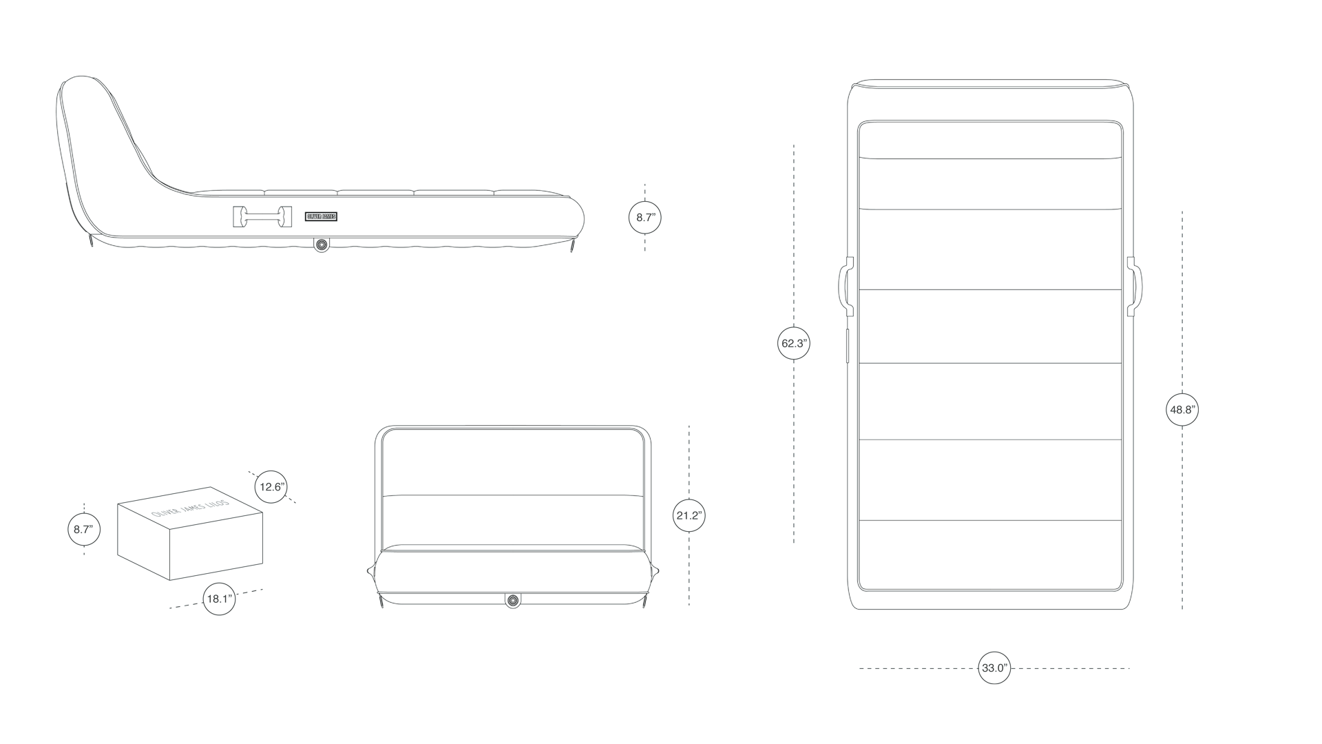 An orthographic drawing in inches of a pool float for adults.
