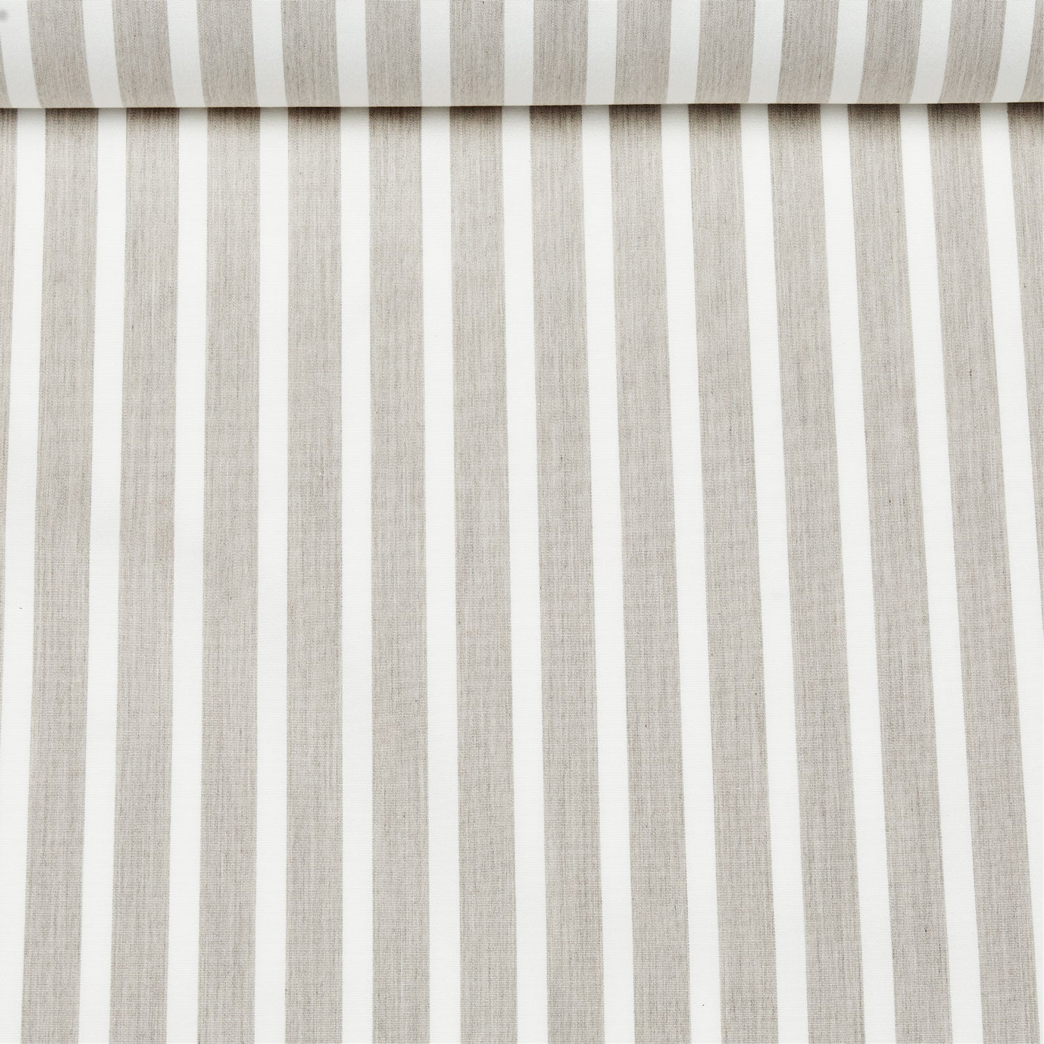 A birds eye view of a jacquard woven beige and white stripe pattern outdoor performance fabric roll.
