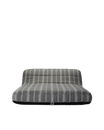 Front-facing view of a grey and white striped jacquard fabric inflatable pool lounger with backrest, designed for elevated poolside comfort.
