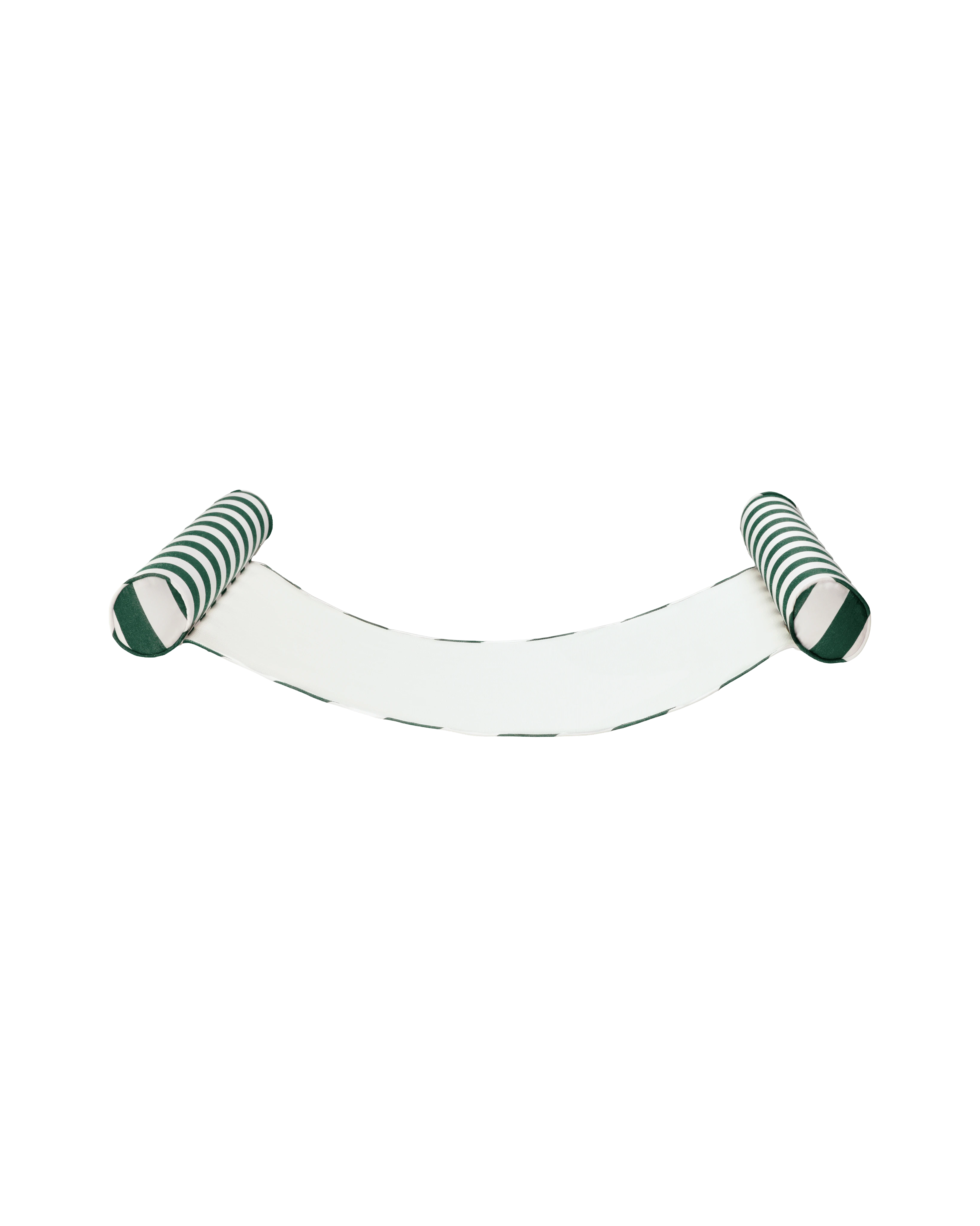 Angled view of a luxury floating hammock with green and white striped inflatable bolsters and a breathable mesh sling — the perfect upscale pool float for laid-back lounging.
