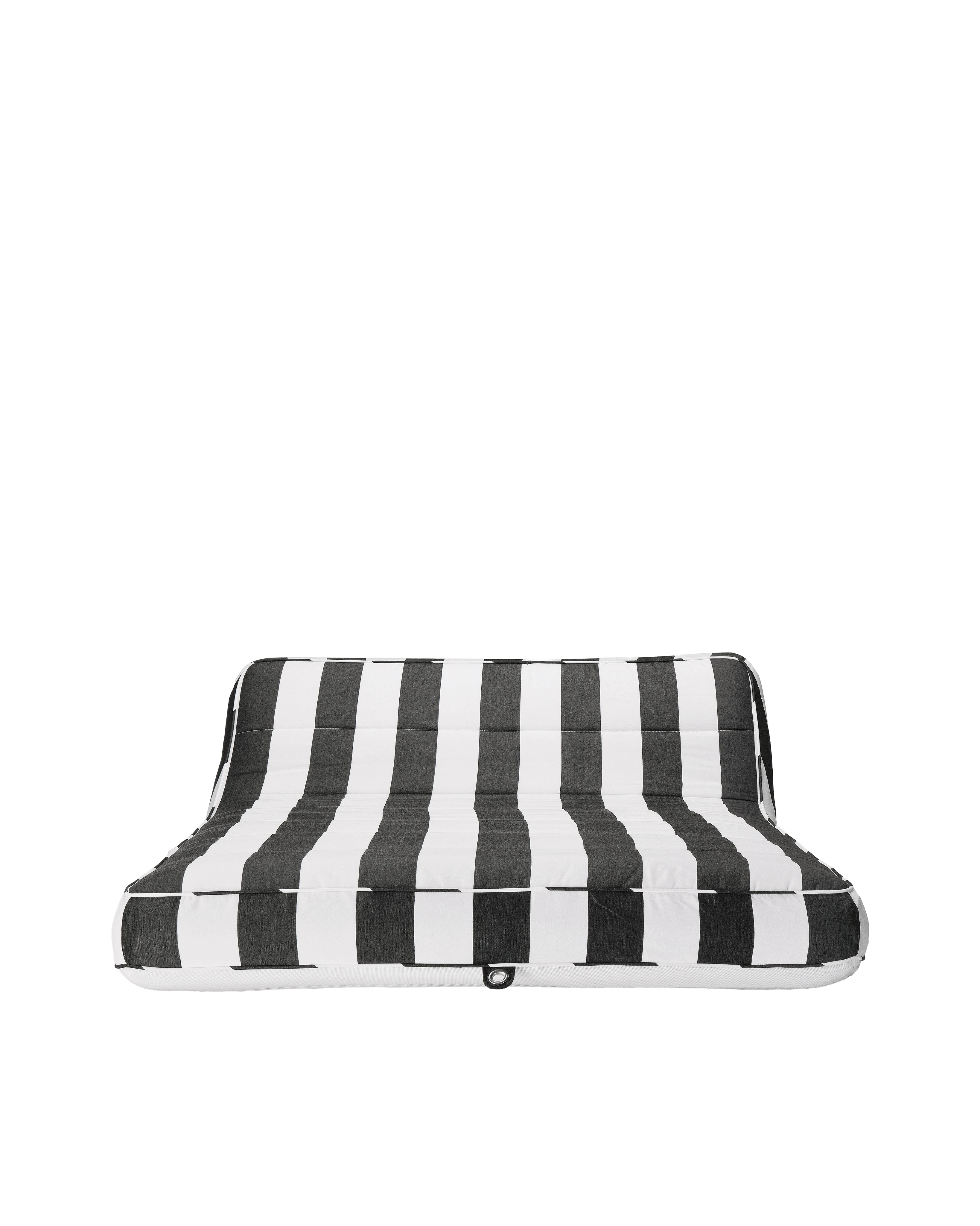 Front-facing view of a luxury black and white striped inflatable pool lounger with backrest, designed for elevated poolside comfort.