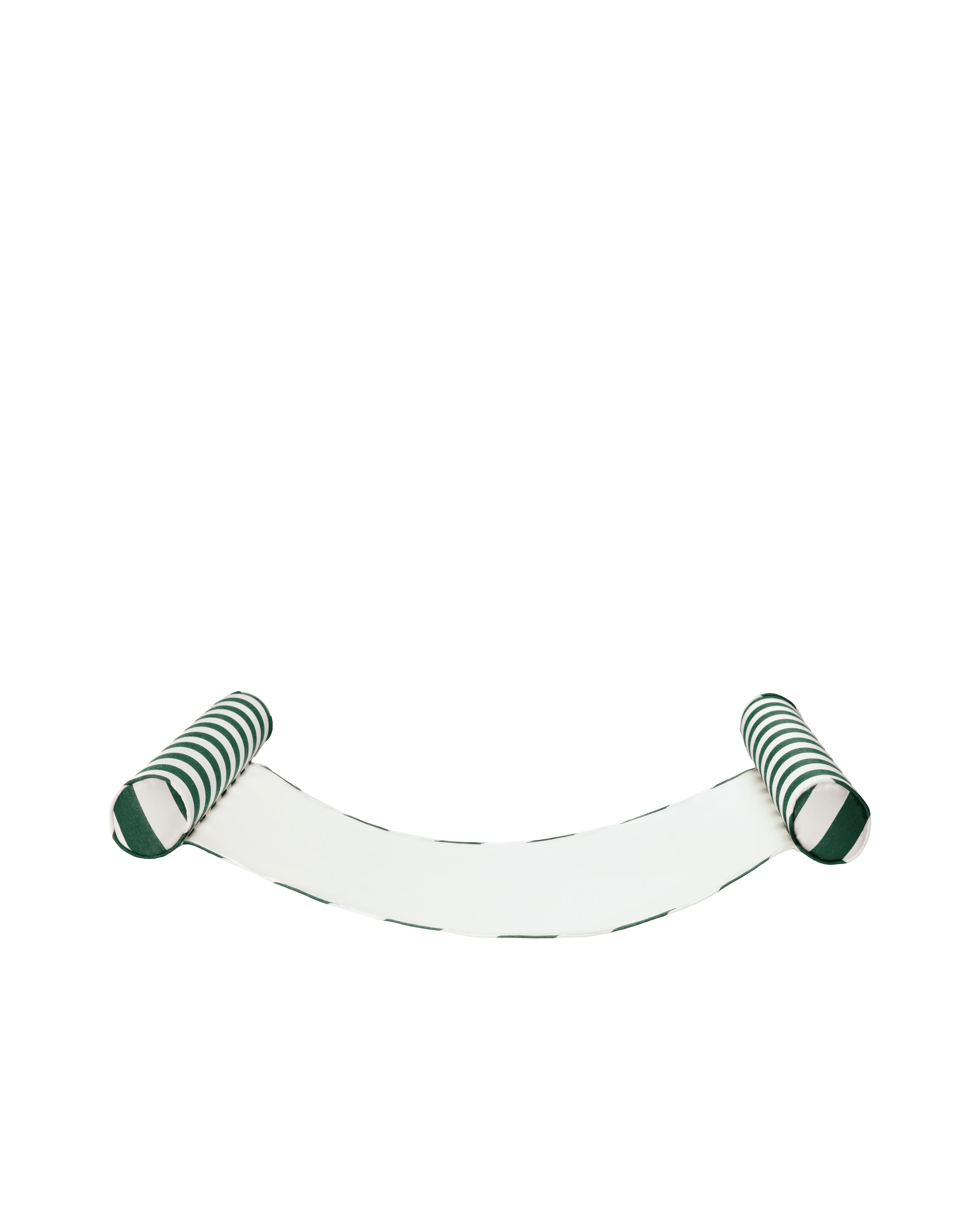 Angled view of a luxury floating hammock with green and white striped inflatable bolsters and a breathable mesh sling — the perfect upscale pool float for laid-back lounging.