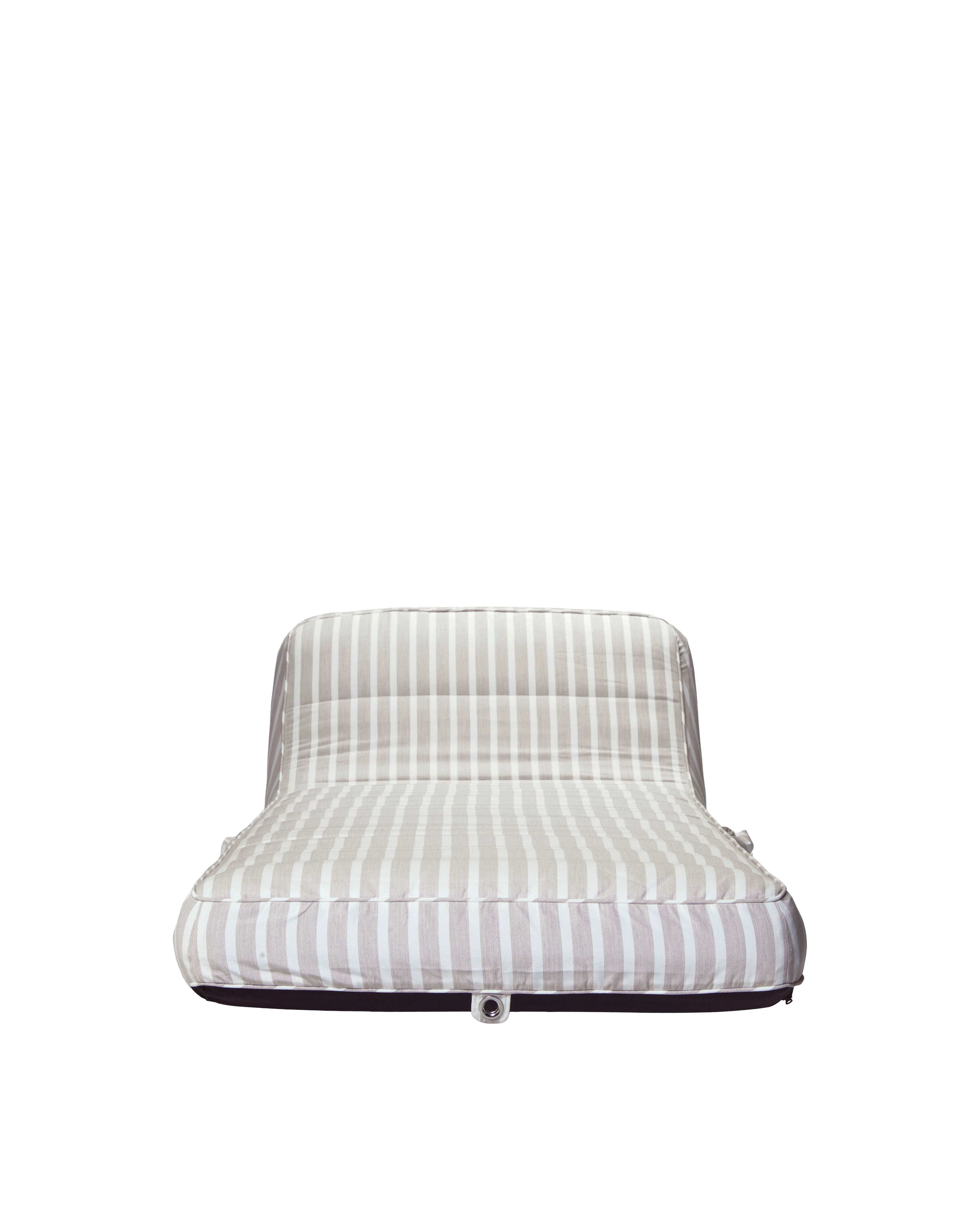 Luxury inflatable pool lounger with white and beige stripes, featuring an elegant backrest — perfect for stylish adults and resort-style poolside lounging.