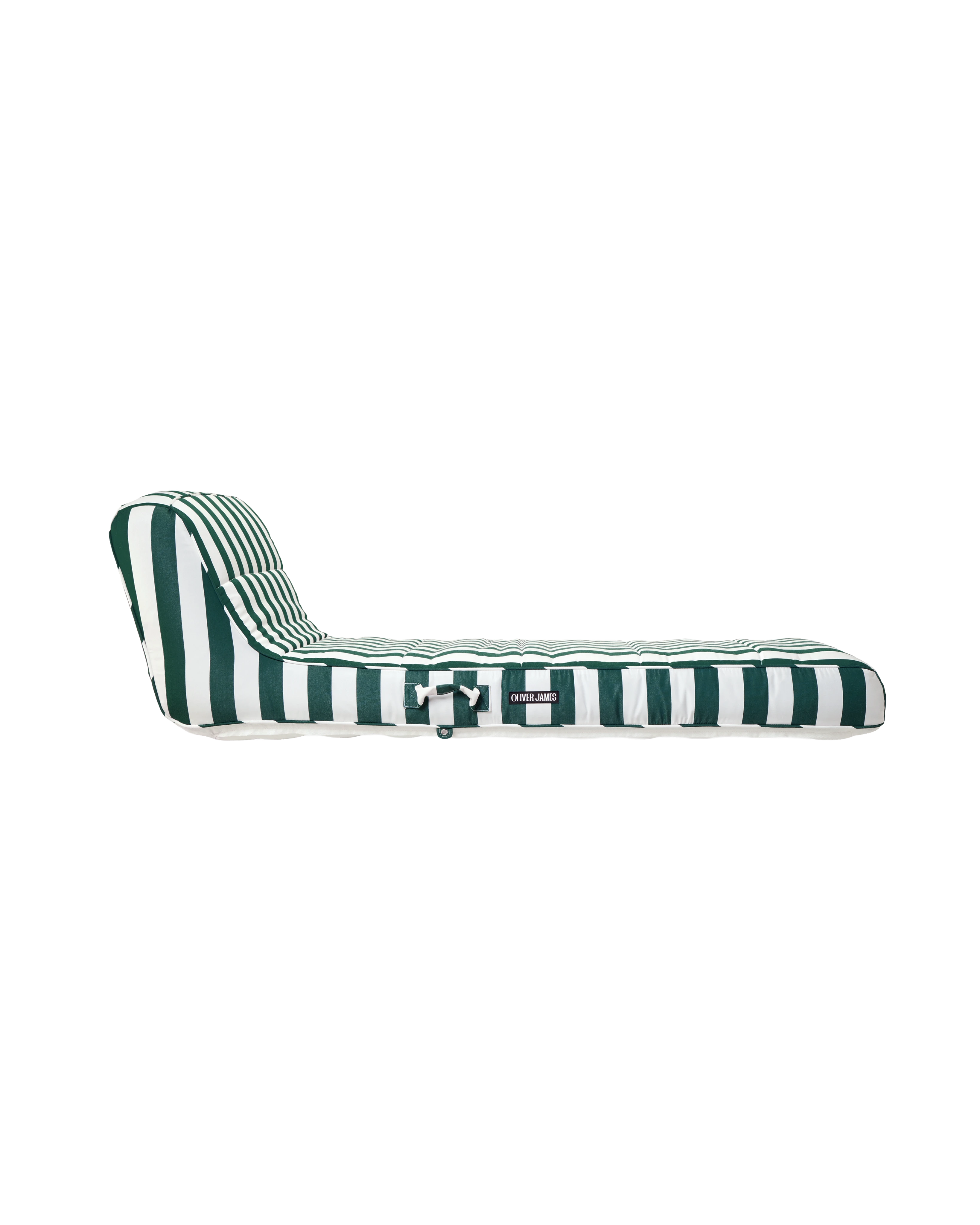 Side view of a premium designer pool float with vertical stripes and ergonomic back support — a high-end inflatable for elegant outdoor living.
