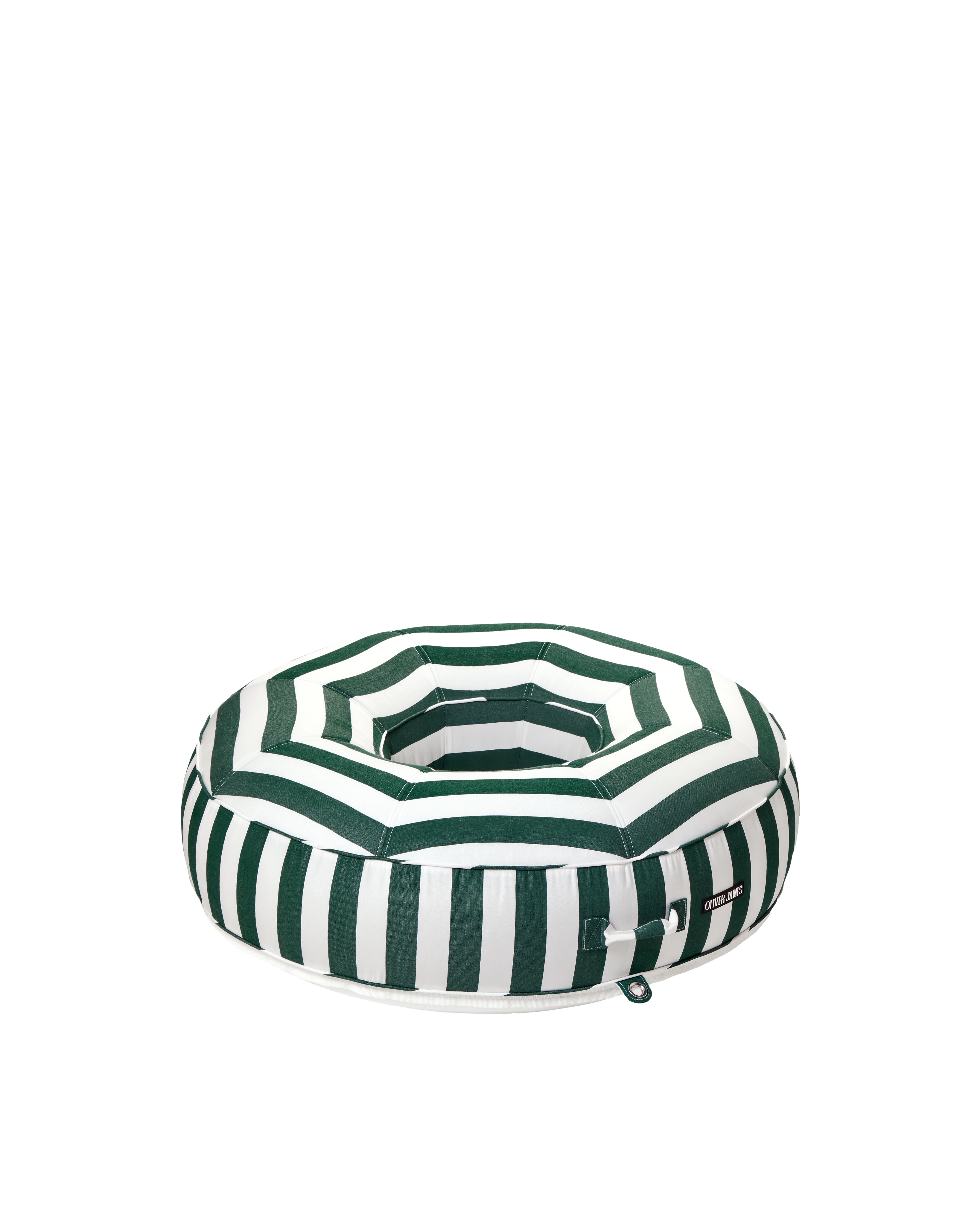 Angle view of a luxury round inflatable pool float with green and white stripes, featuring an open center and tailored upholstered finish.