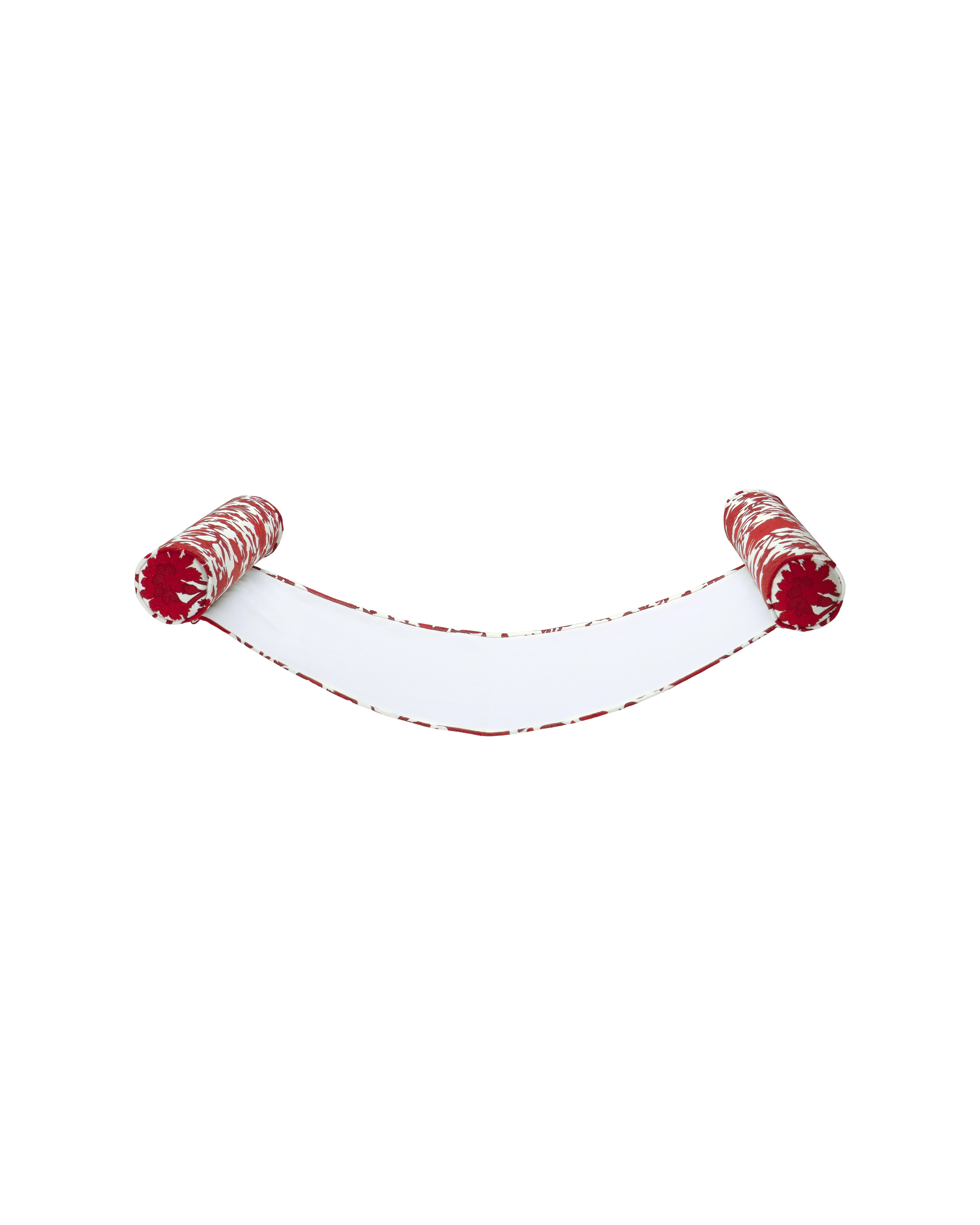 Angled view of a luxury floating hammock red and white flower jacquard fabric inflatable bolsters and a breathable mesh sling — the perfect upscale pool float for laid-back lounging.