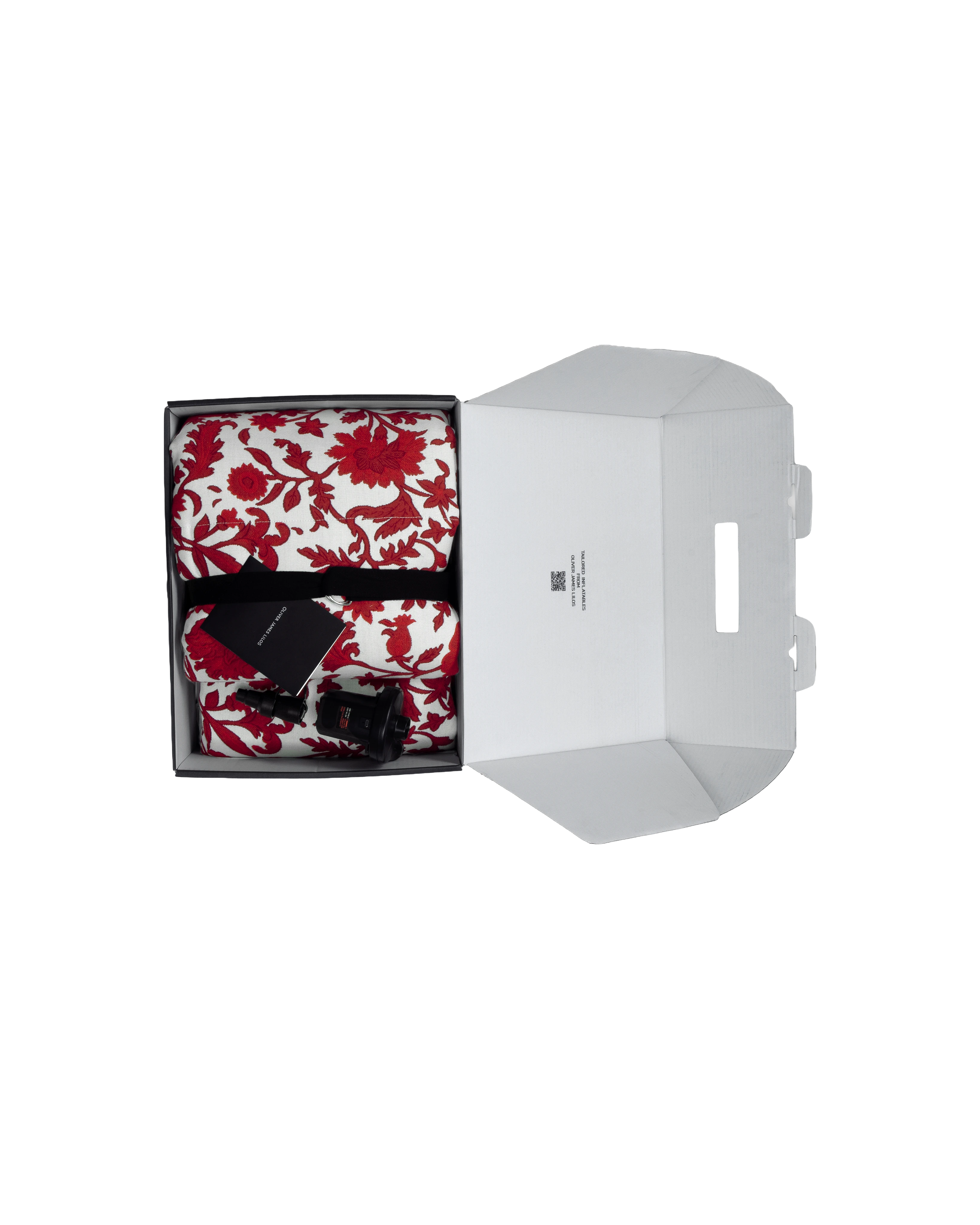 Close-up of concealed inflation valve beneath a neatly stitched flap in red and white flower jacquard fabric, highlighting discreet functional design.