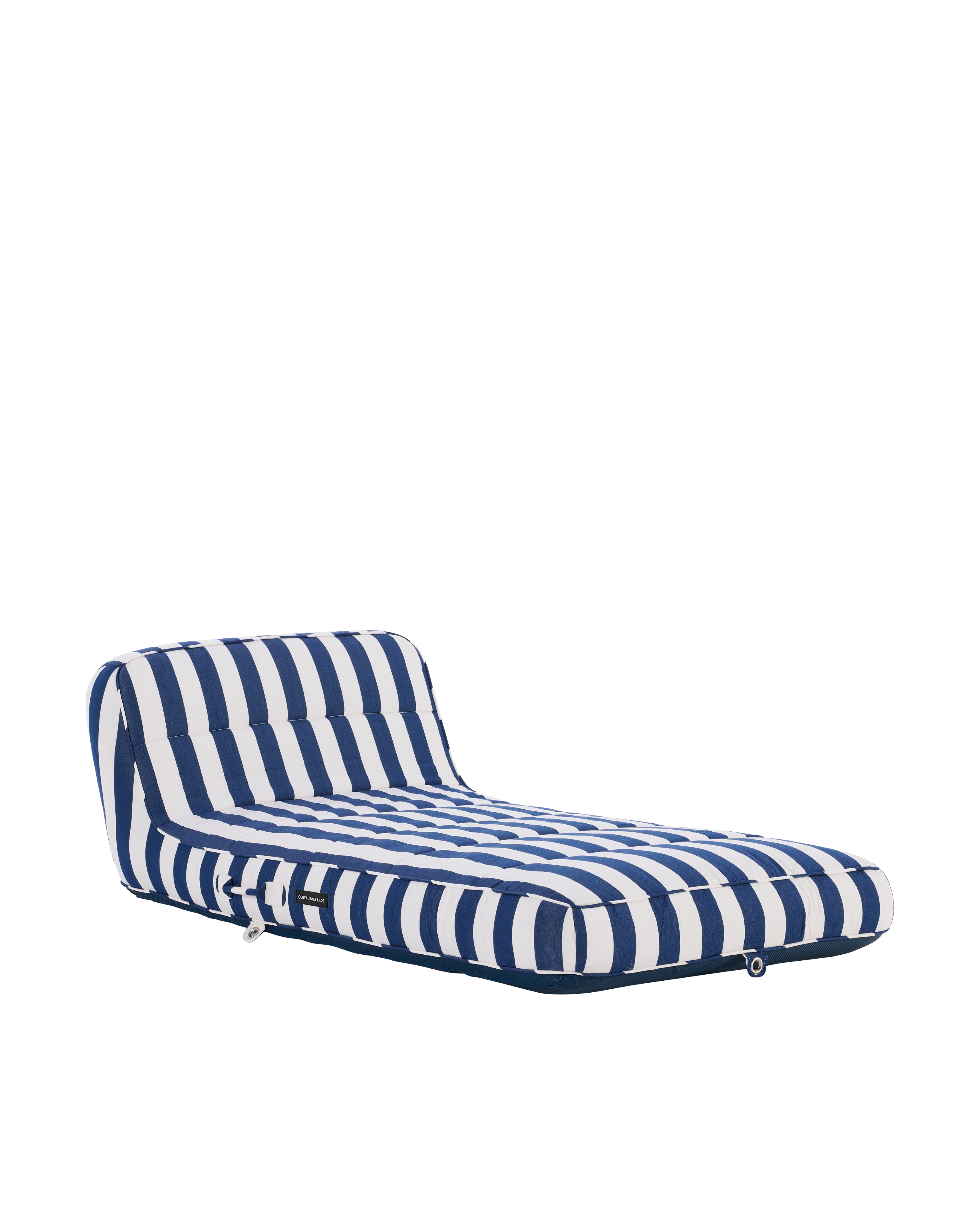 Luxury inflatable pool lounger with white and blue stripes, featuring an elegant backrest — perfect for stylish adults and resort-style poolside lounging.