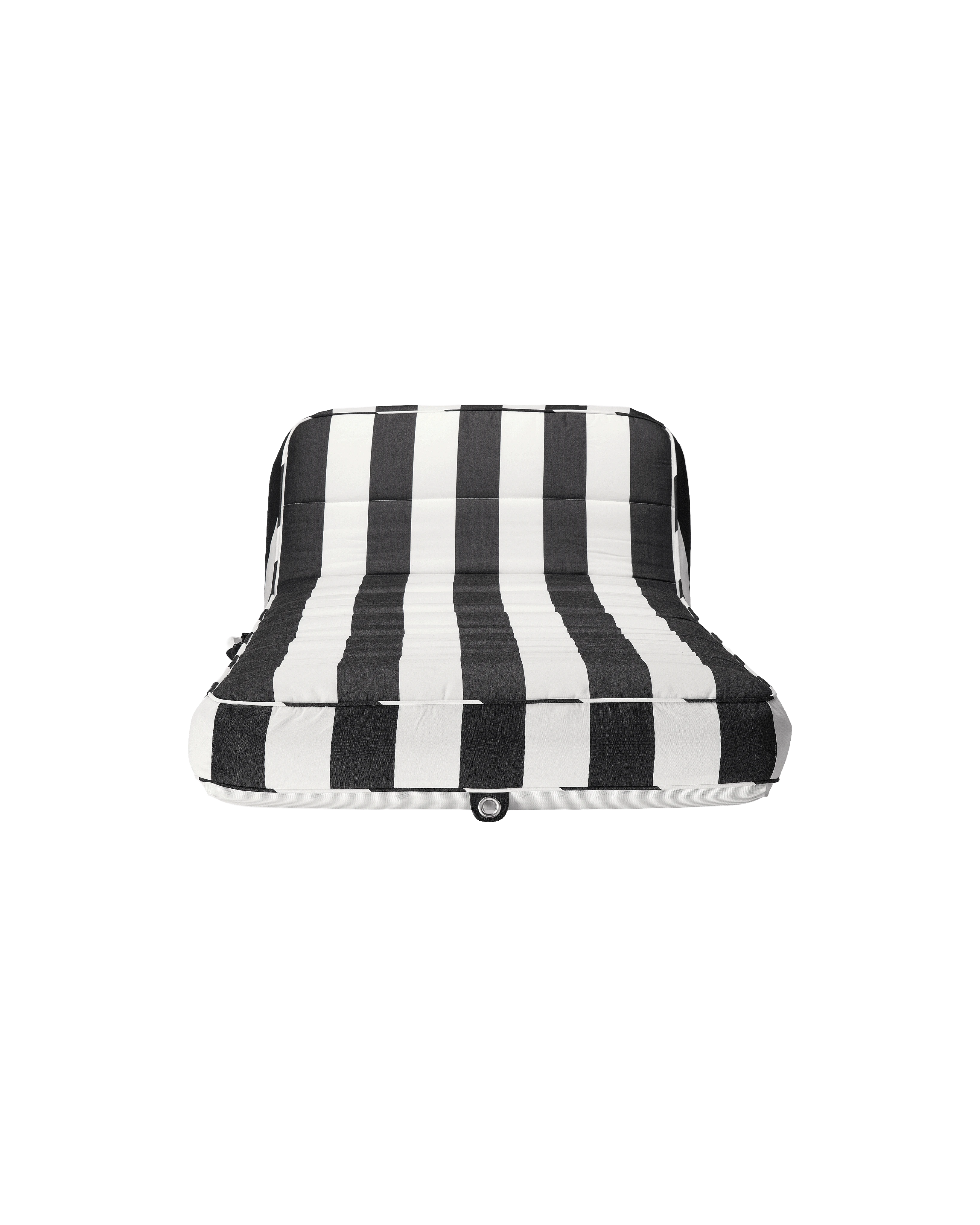 Luxury inflatable pool lounger with white and black stripes, featuring an elegant backrest — perfect for stylish adults and resort-style poolside lounging.