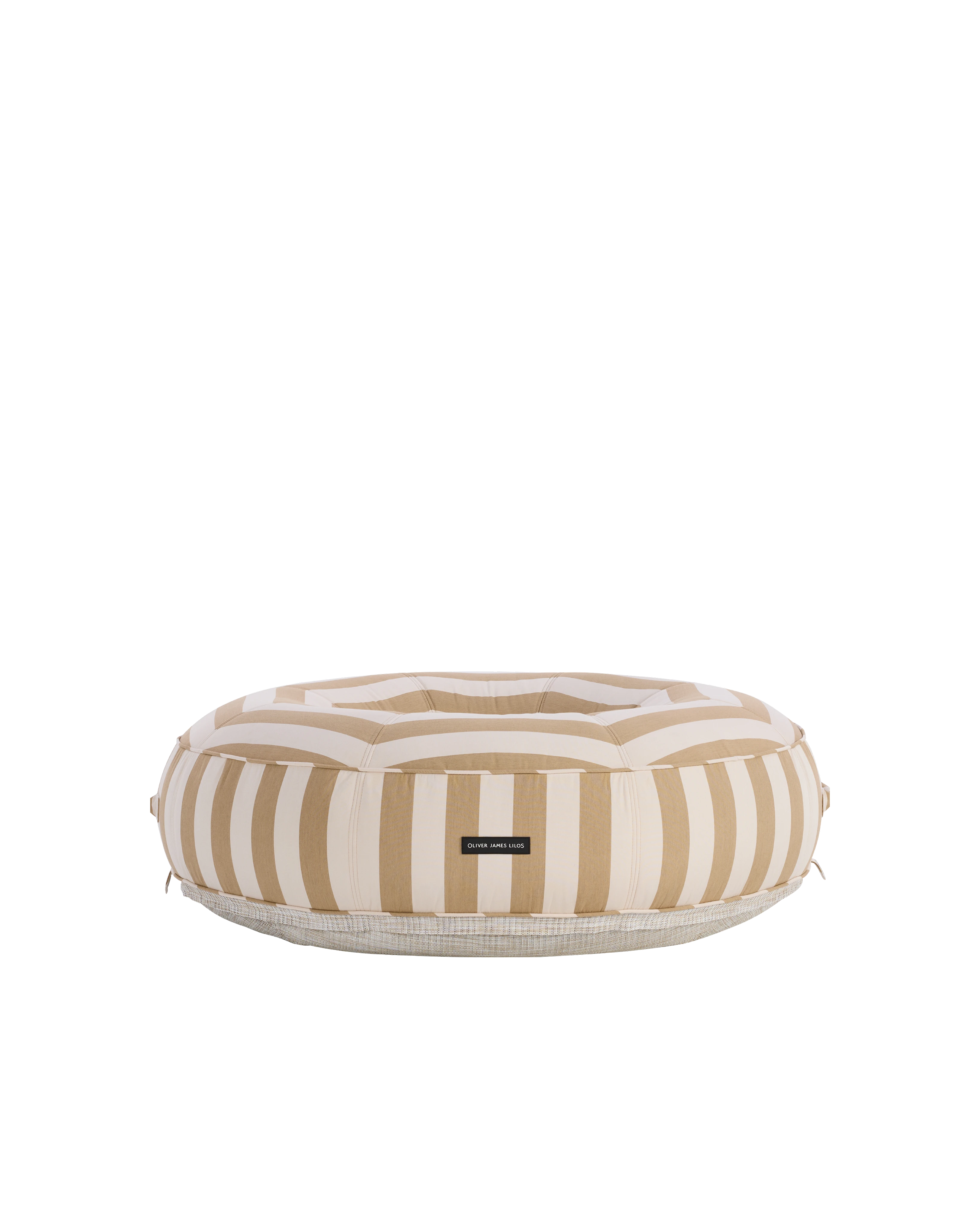 Angle view of a luxury round inflatable pool float with white and beige stripes, featuring an open center and tailored upholstered finish.