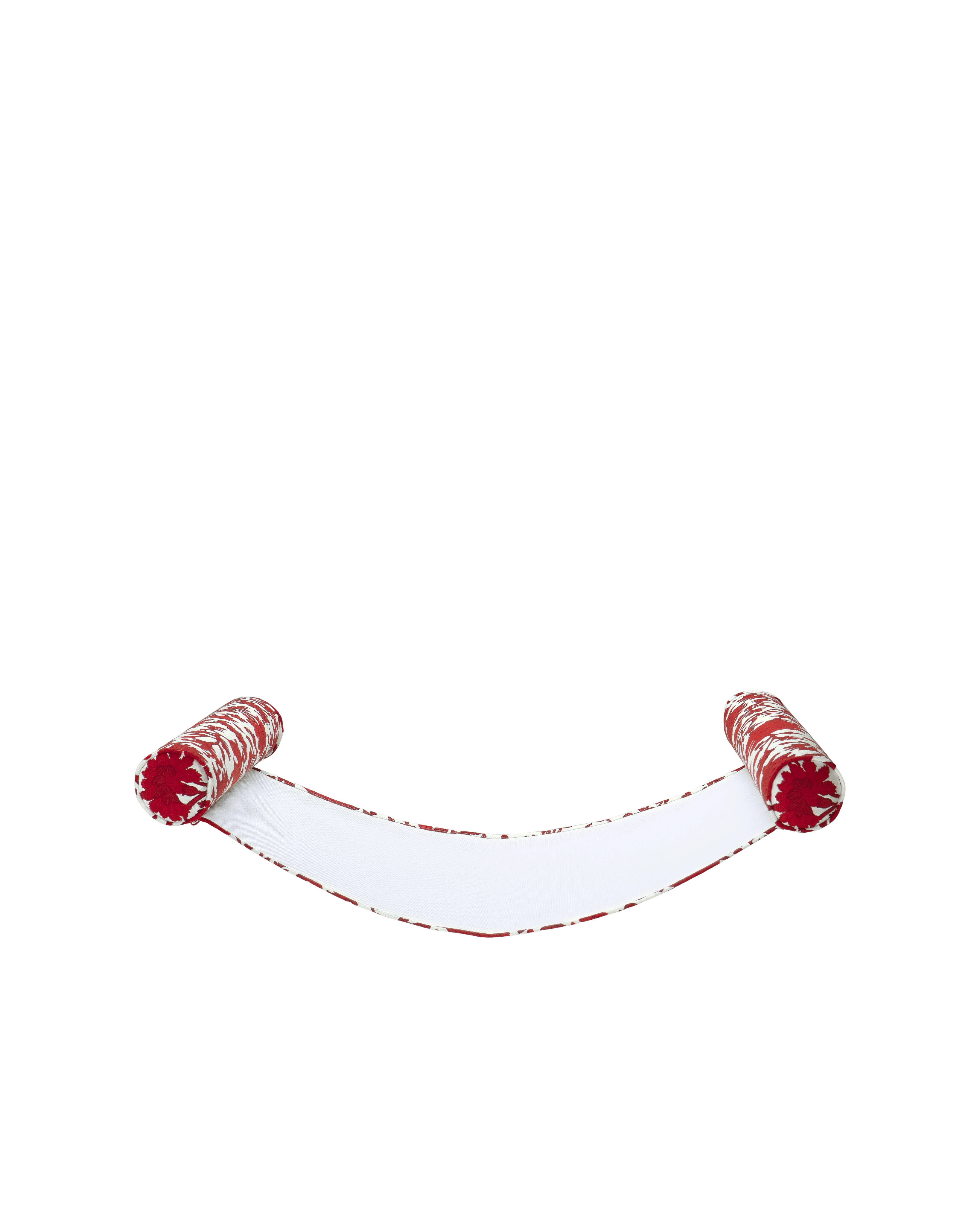 Angled view of a luxury floating hammock red and white flower jacquard fabric inflatable bolsters and a breathable mesh sling — the perfect upscale pool float for laid-back lounging.