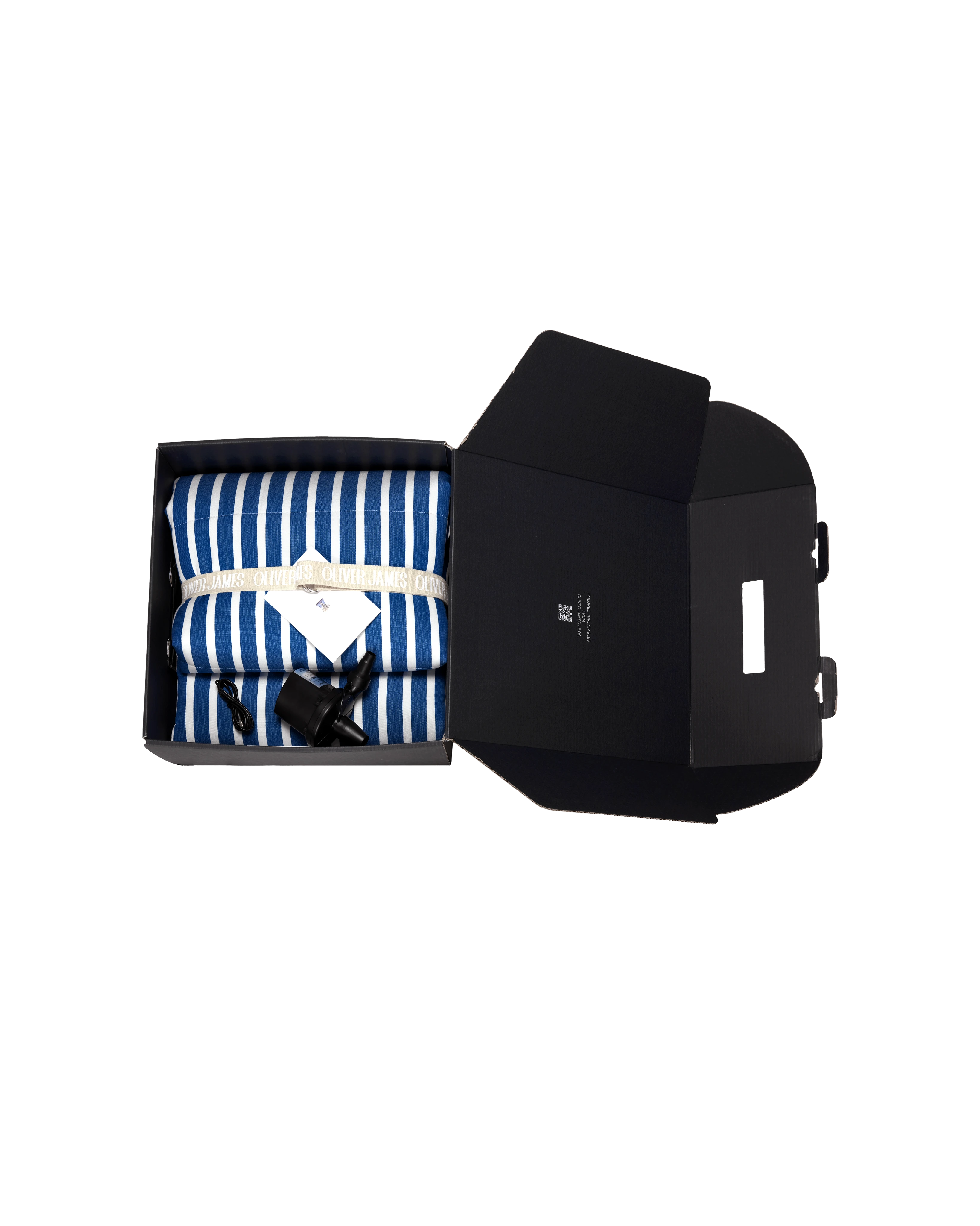 Chic pool lounger with branded ribbon and included pump, carefully packaged for an elevated unboxing experience — a luxury pool float for discerning buyers.