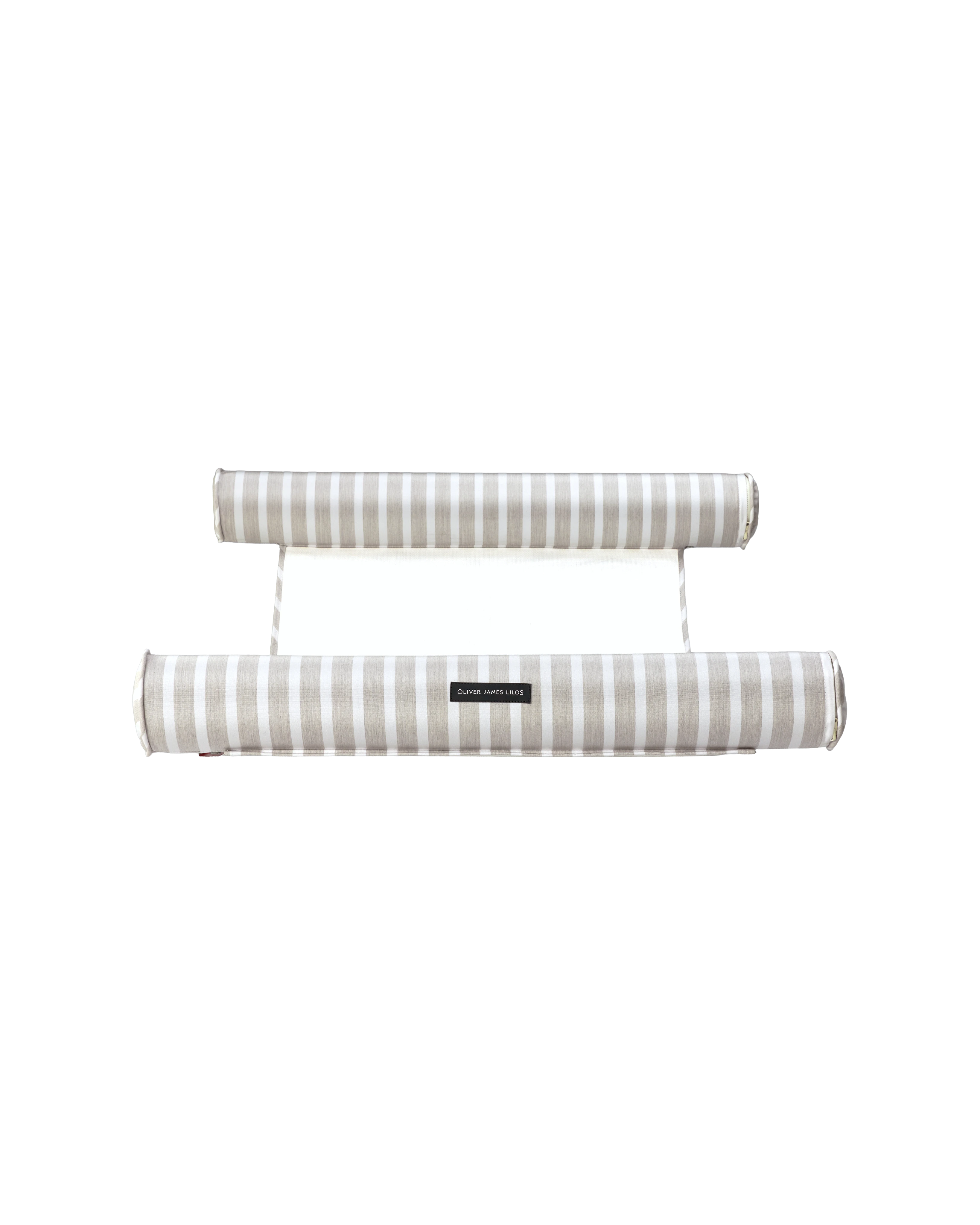 Top-down view of the Oliver James floating hammock pool float, with dual inflatable headrests in bold stripes and a soft mesh center for stylish aquatic relaxation.