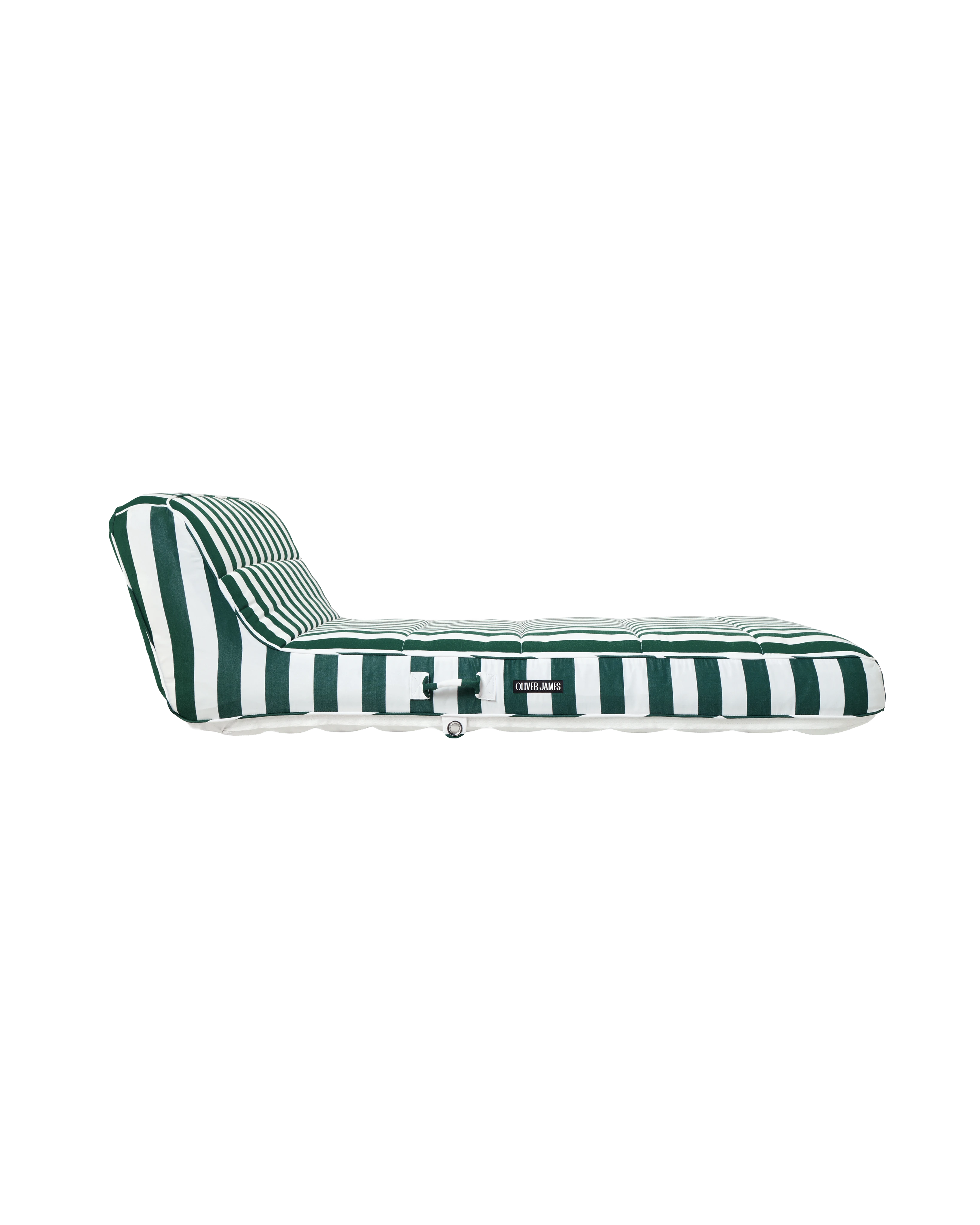 Side view of a premium inflatable pool float with ergonomic backrest and bold green and white stripes, showcasing the Oliver James logo tag.