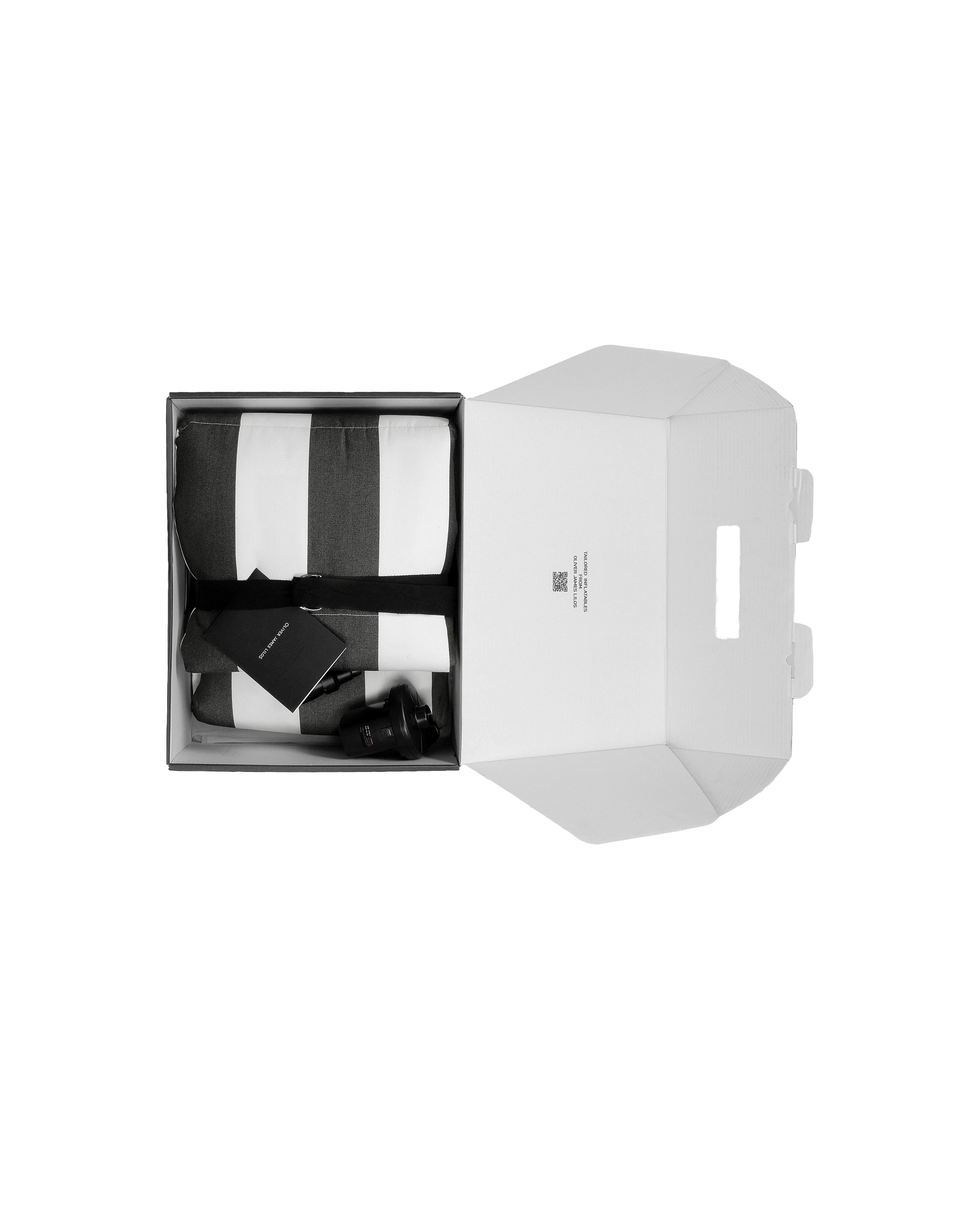 Unboxing experience of the Oliver James inflatable lounger, folded in branded ribbon inside a sleek black box with included electric pump and instructions.