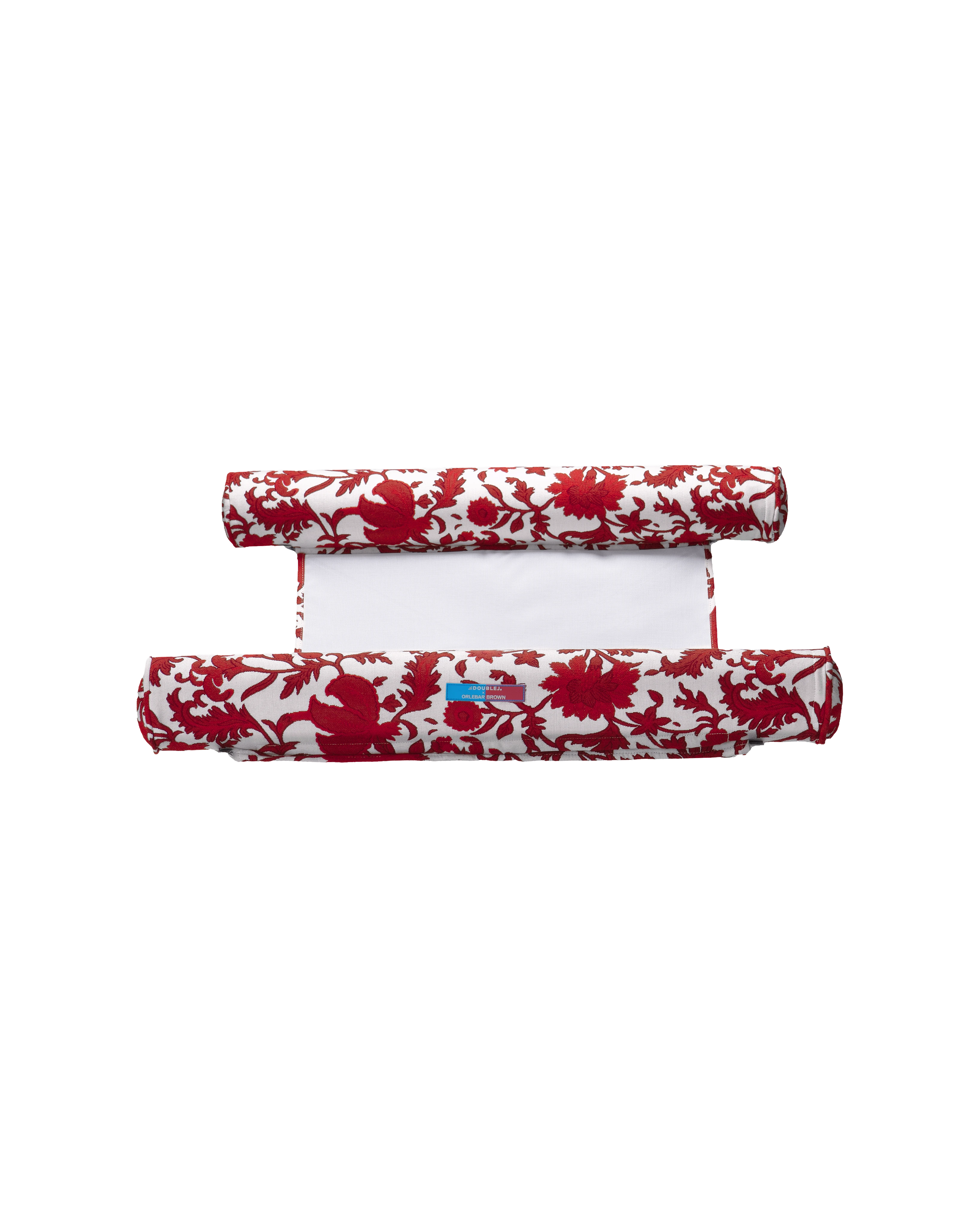 Top-down view of the Oliver James floating hammock pool float, with dual inflatable headrests in red and white flower jacquard fabric and a soft mesh center for stylish aquatic relaxation.