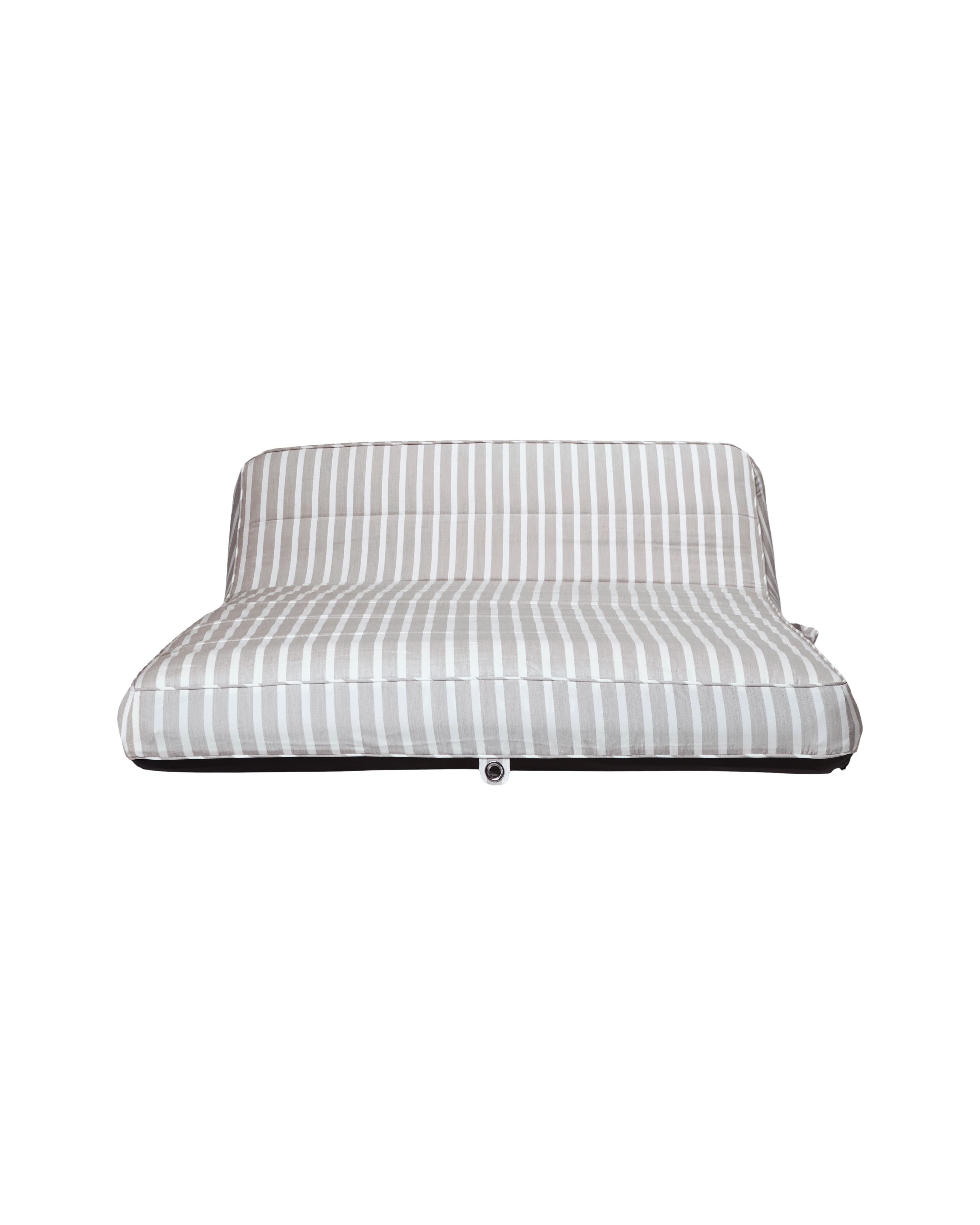 Front-facing view of a luxury beige and white striped inflatable pool lounger with backrest, designed for elevated poolside comfort.