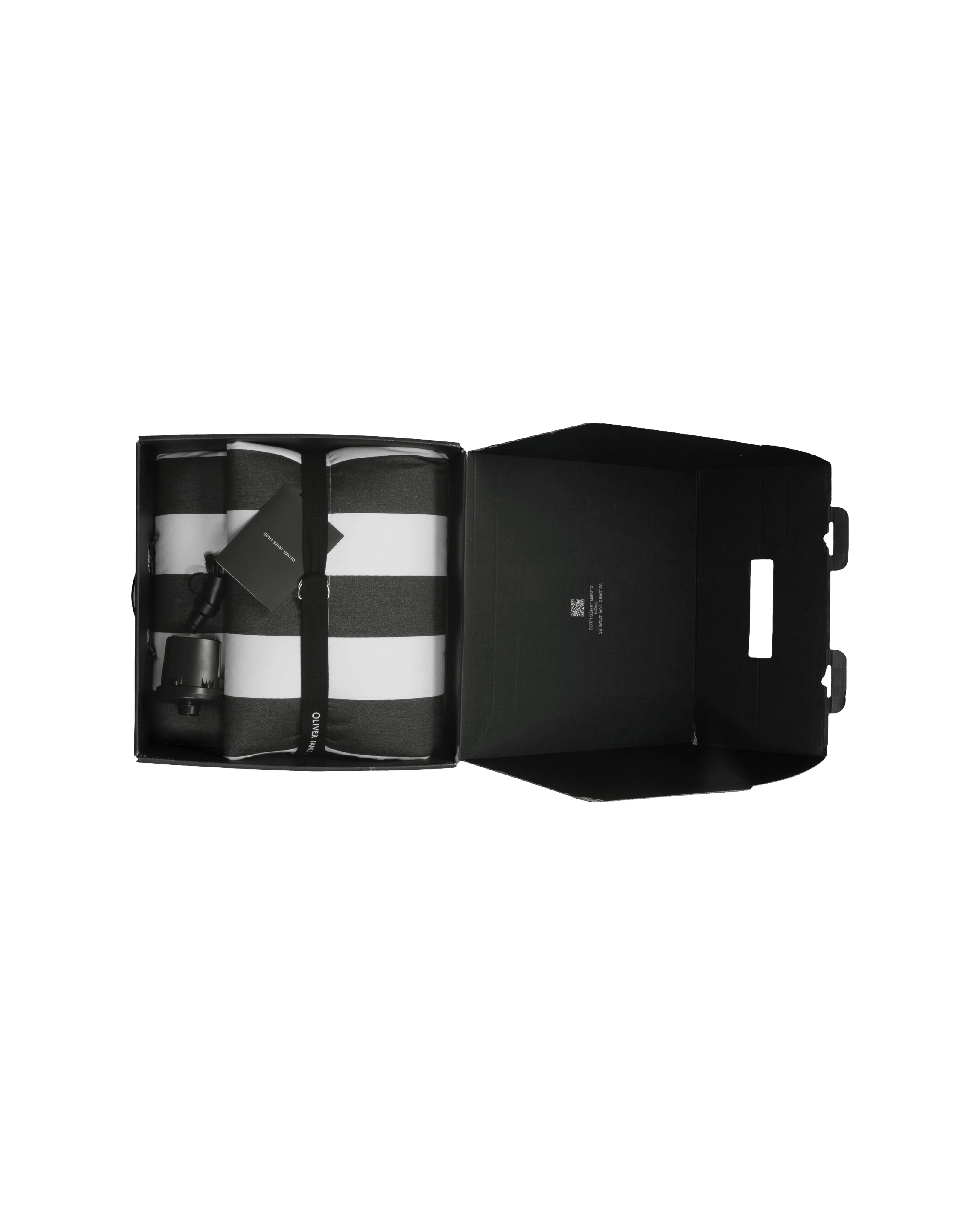 Chic pool lounger with branded ribbon and included pump, carefully packaged for an elevated unboxing experience — a luxury pool float for discerning buyers.
