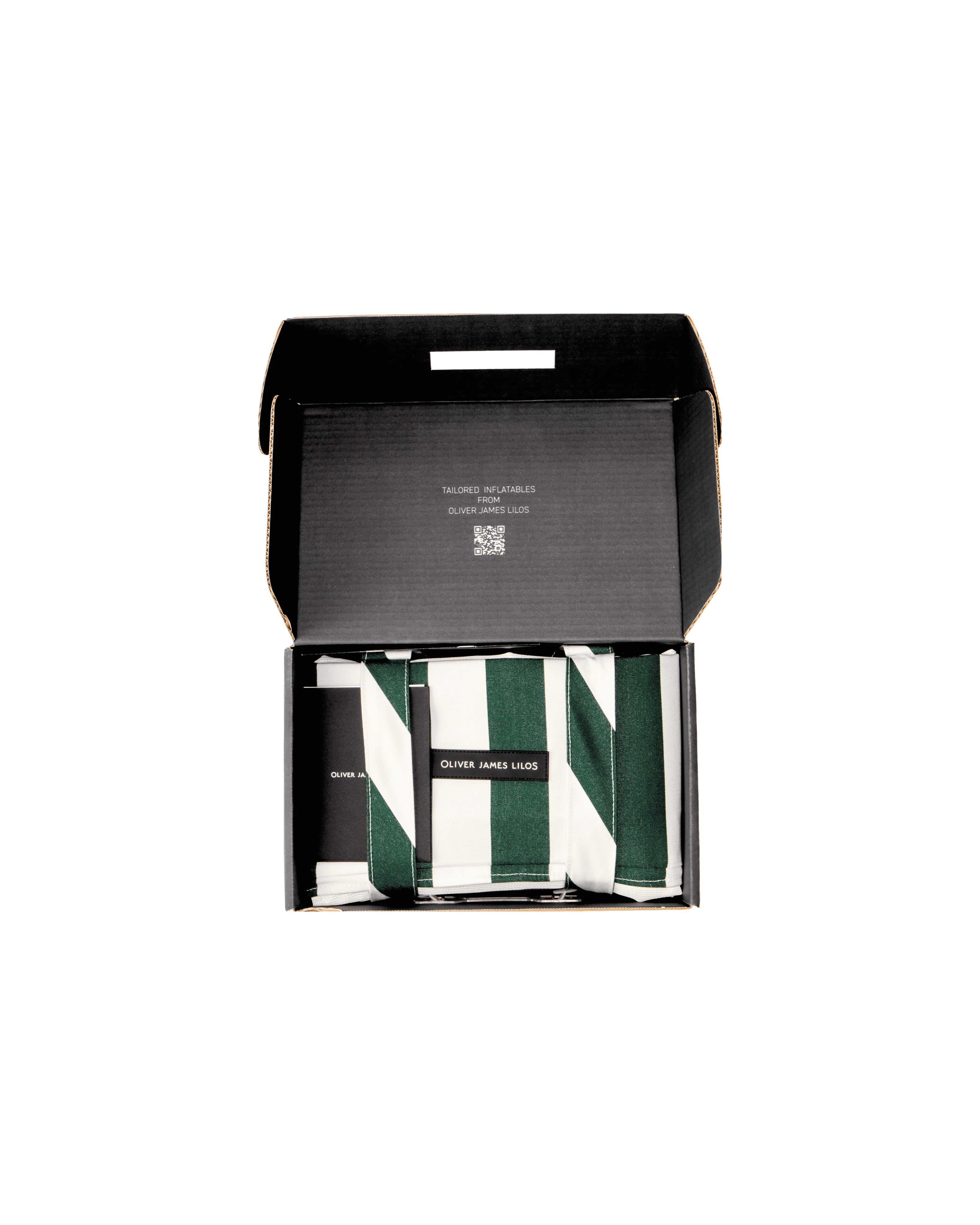 Oliver James floating hammock packed inside a sleek black box, with folded striped bolsters and branded tag — a premium pool float presented with care.