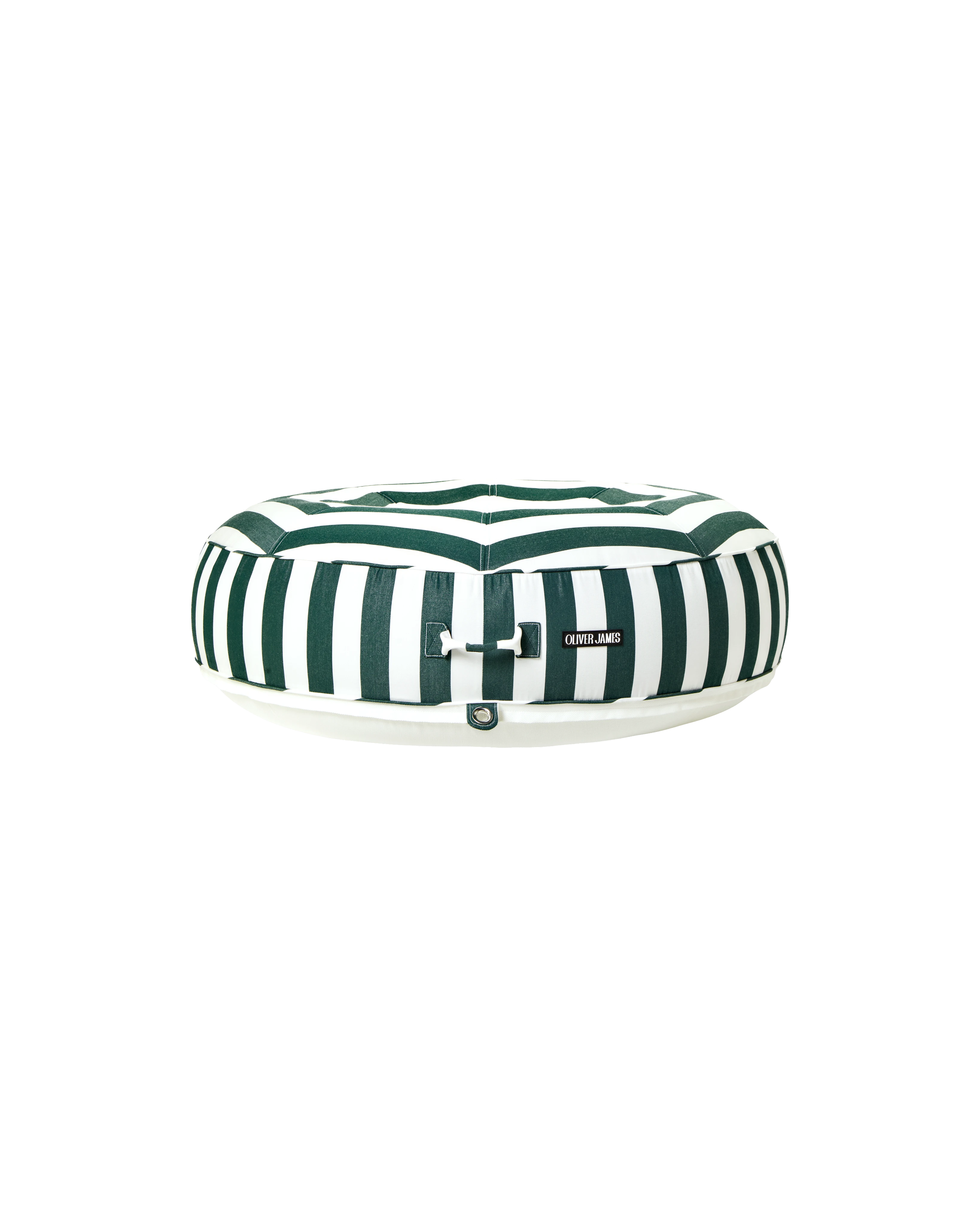 Side profile of the Oliver James inflatable pool ring with alternating green and white vertical stripes and built-in tie-down loops.