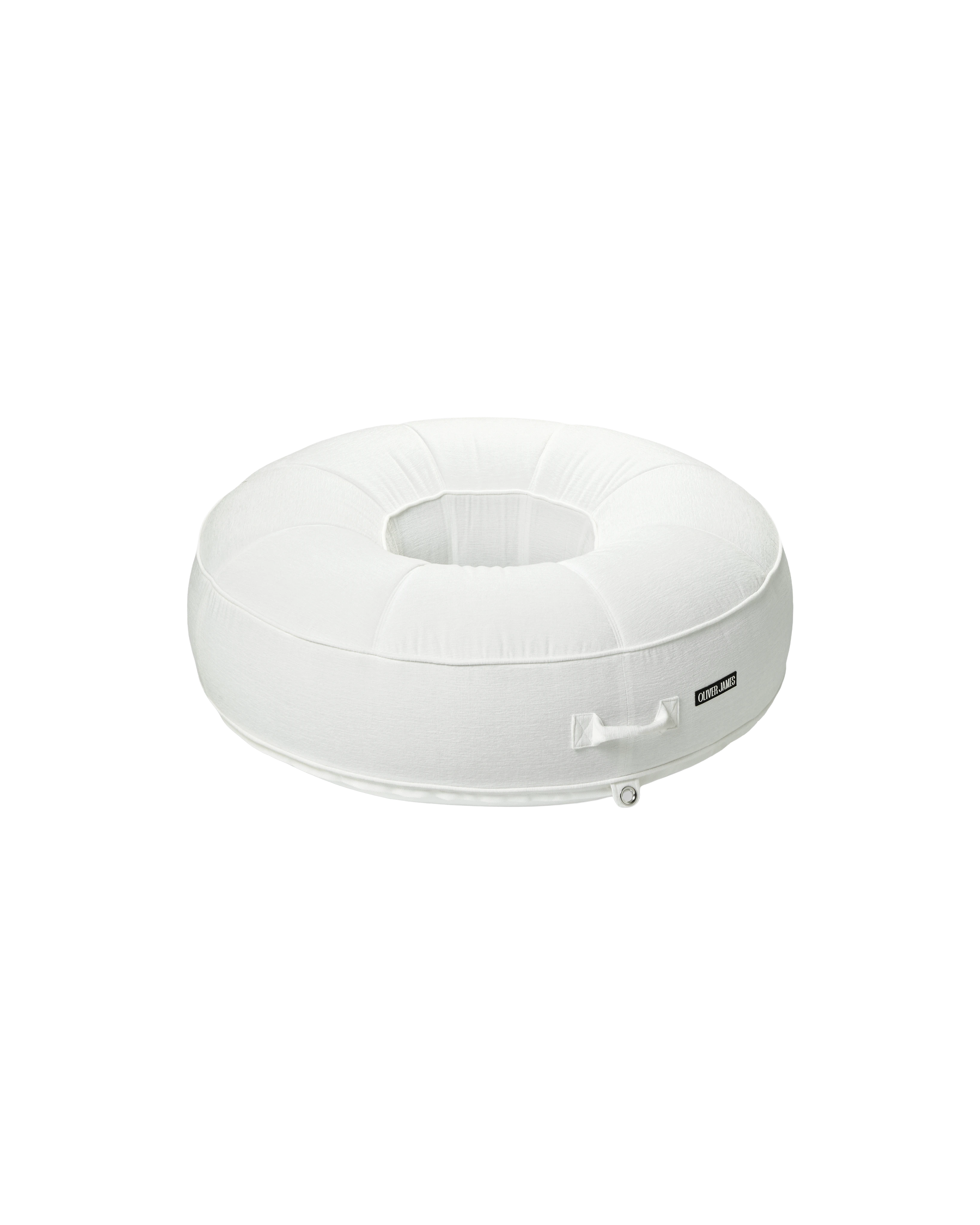 Angle view of a luxury round inflatable pool float with white Chenille fabric, featuring an open center and tailored upholstered finish.