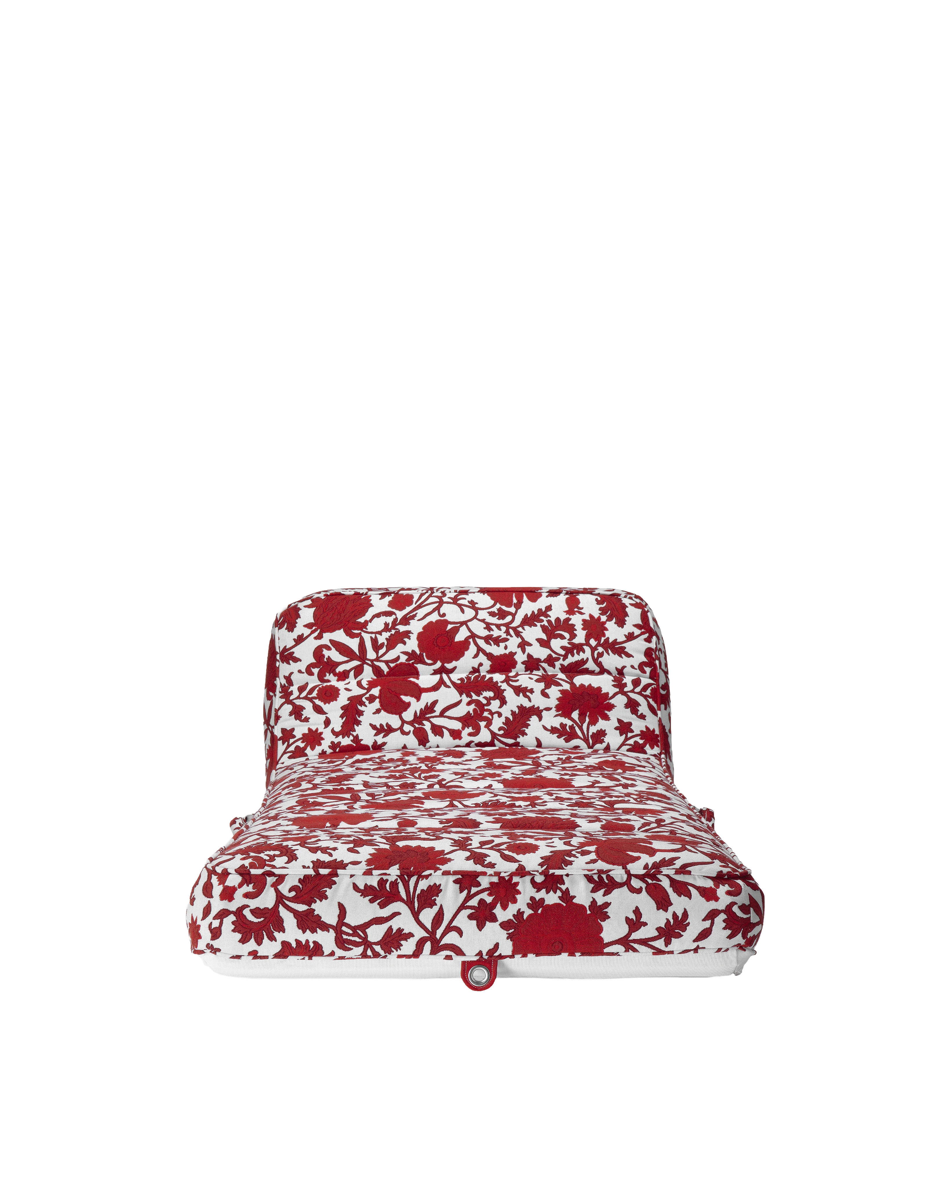 Luxury inflatable pool lounger with red and white flower jacquard fabric, featuring an elegant backrest — perfect for stylish adults and resort-style poolside lounging.