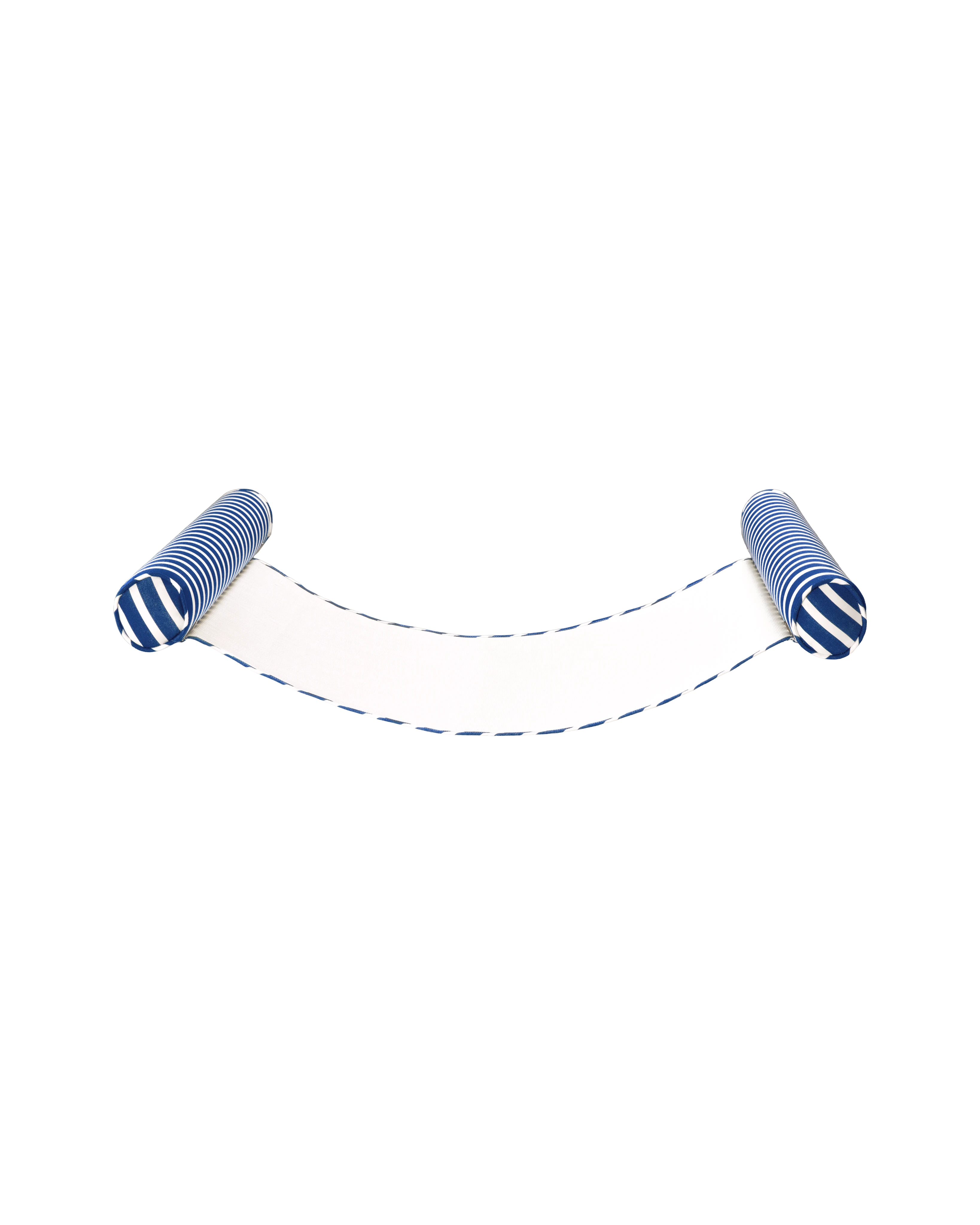 Angled view of a luxury floating hammock with blue and white striped inflatable bolsters and a breathable mesh sling — the perfect upscale pool float for laid-back lounging.
