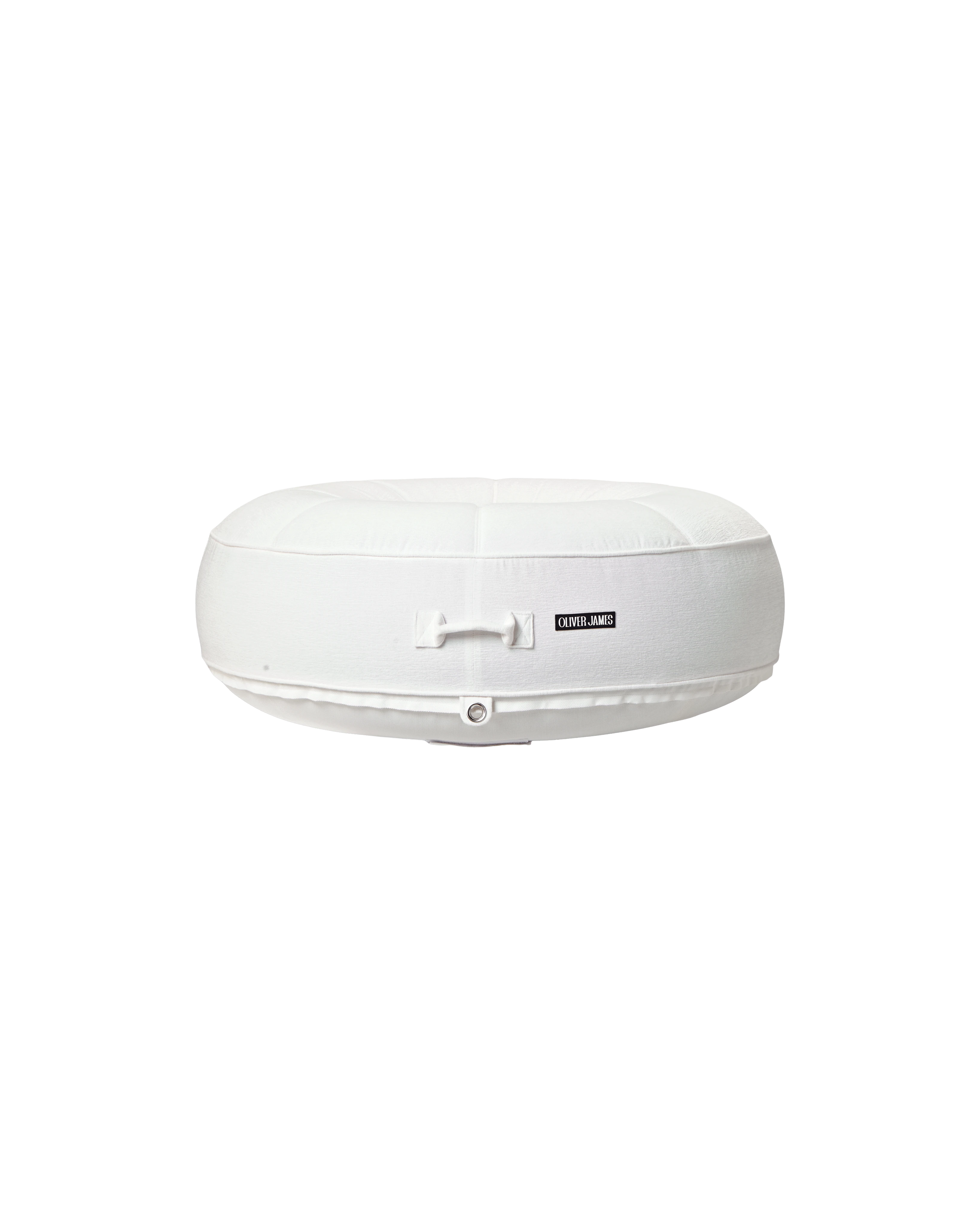 Side profile of the Oliver James inflatable pool ring with white Chenille fabric and built-in tie-down loops.