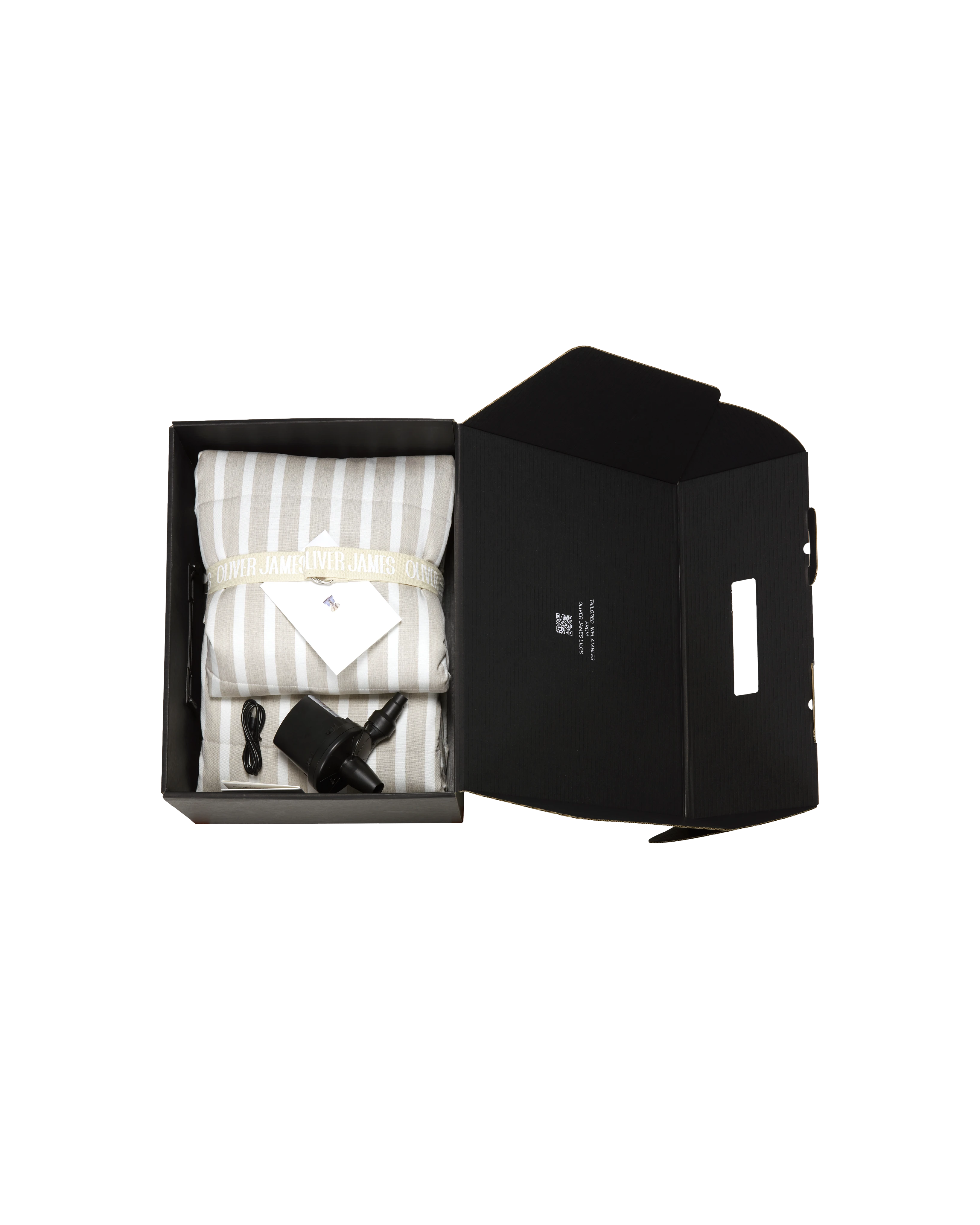 Unboxing experience of the Oliver James inflatable lounger, folded in branded ribbon inside a sleek black box with included electric pump and instructions.