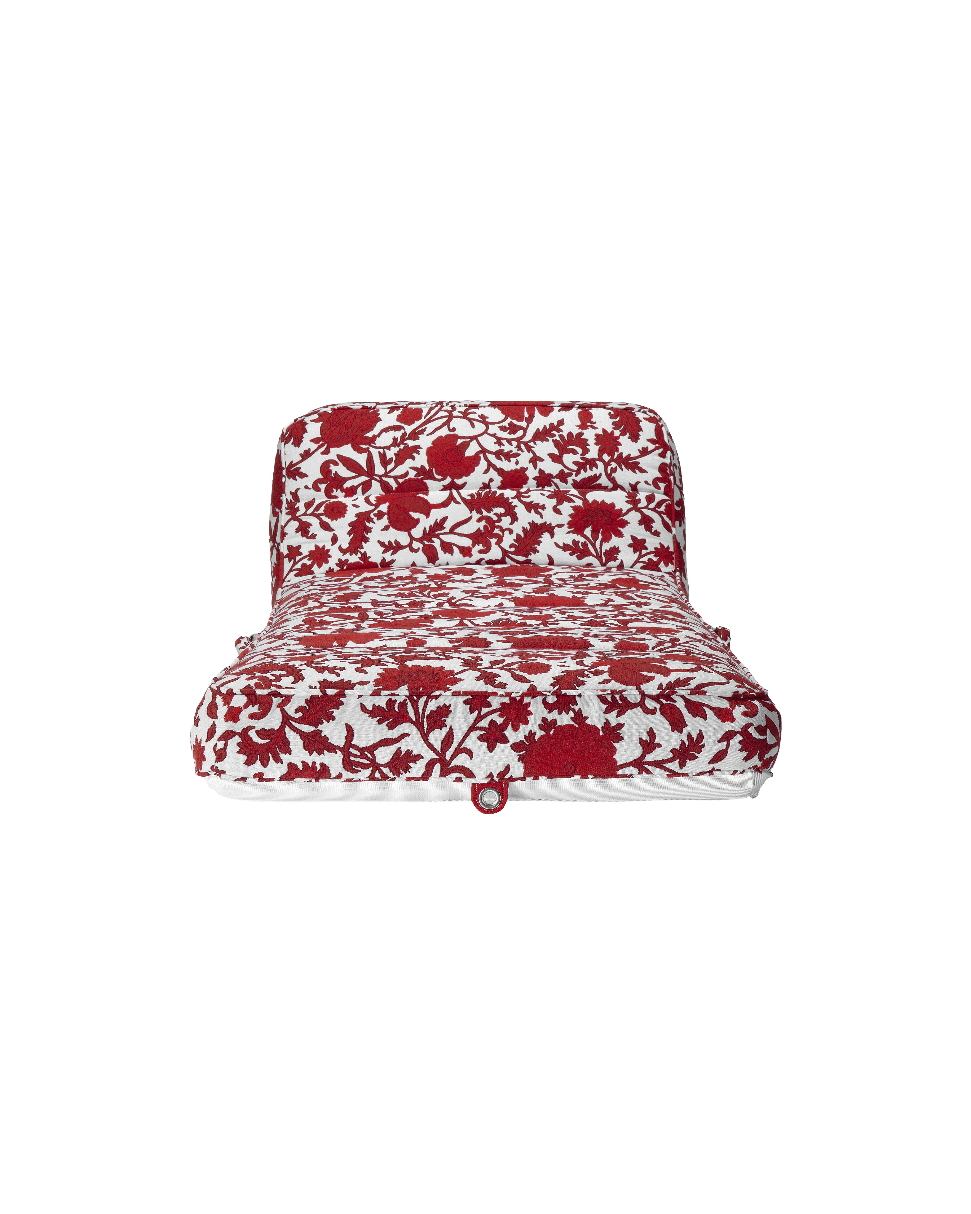 Luxury inflatable pool lounger with red and white flower jacquard fabric, featuring an elegant backrest — perfect for stylish adults and resort-style poolside lounging.