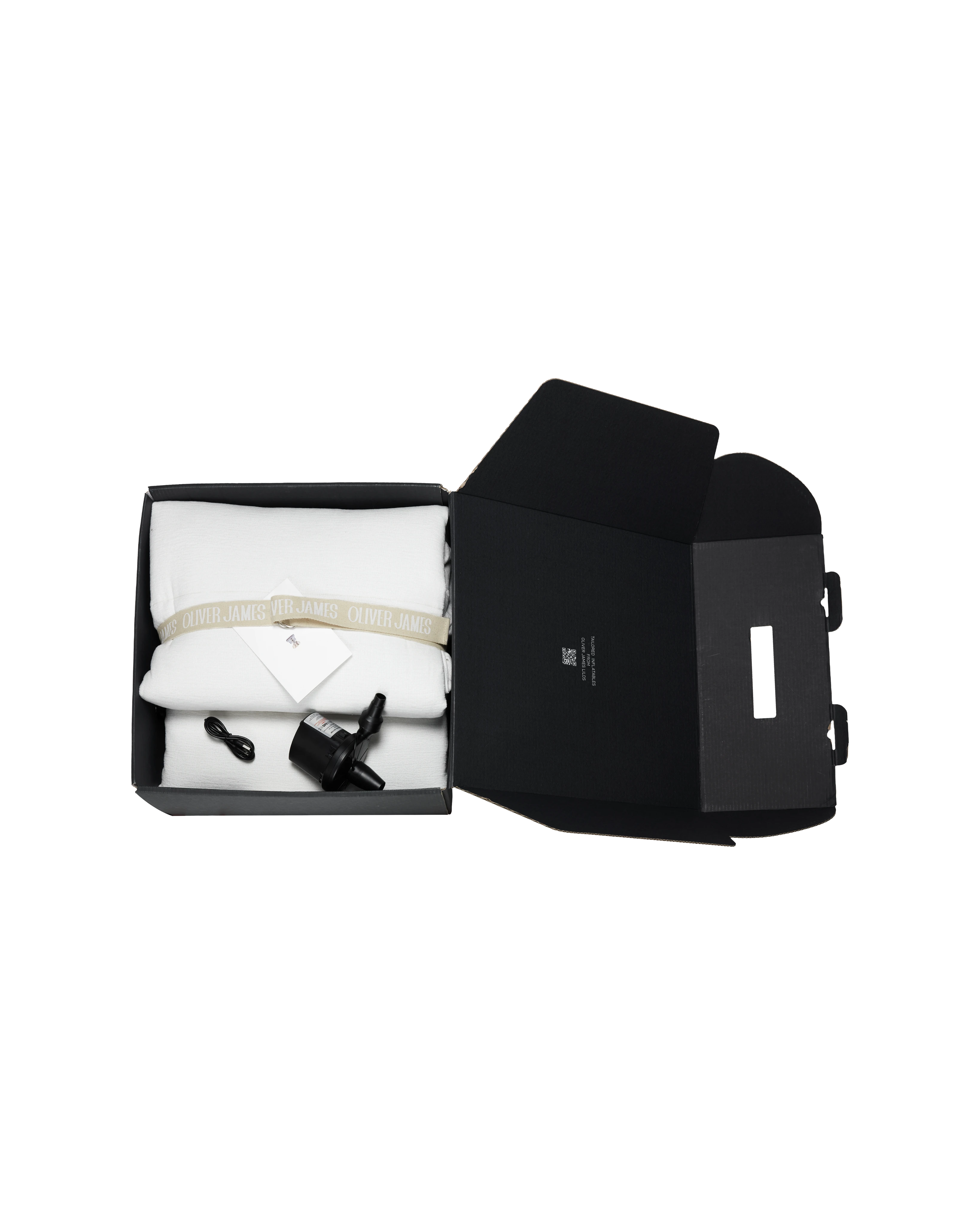Chic pool lounger with branded ribbon and included pump, carefully packaged for an elevated unboxing experience — a luxury pool float for discerning buyers.