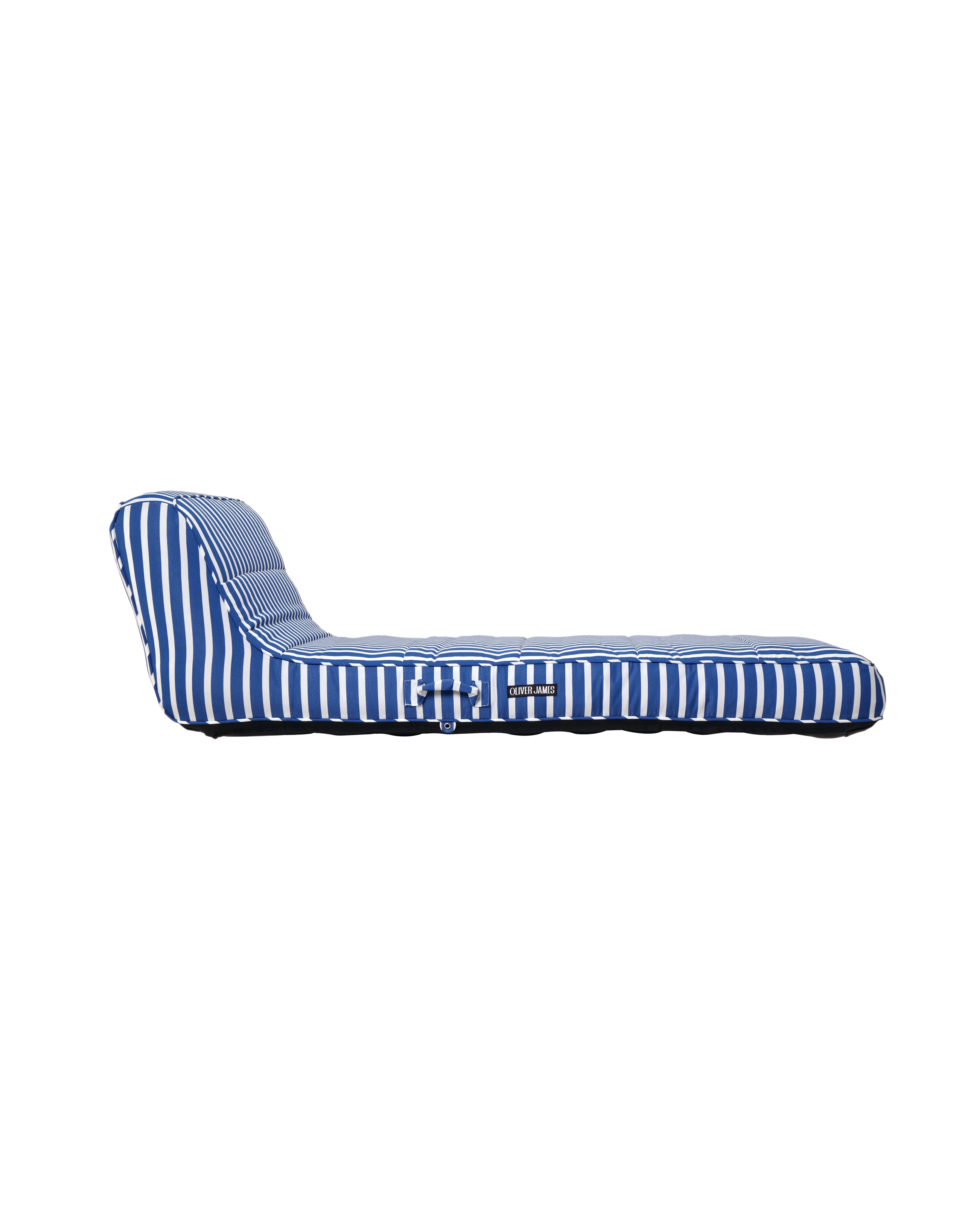Side view of a premium designer pool float with vertical stripes and ergonomic back support — a high-end inflatable for elegant outdoor living.