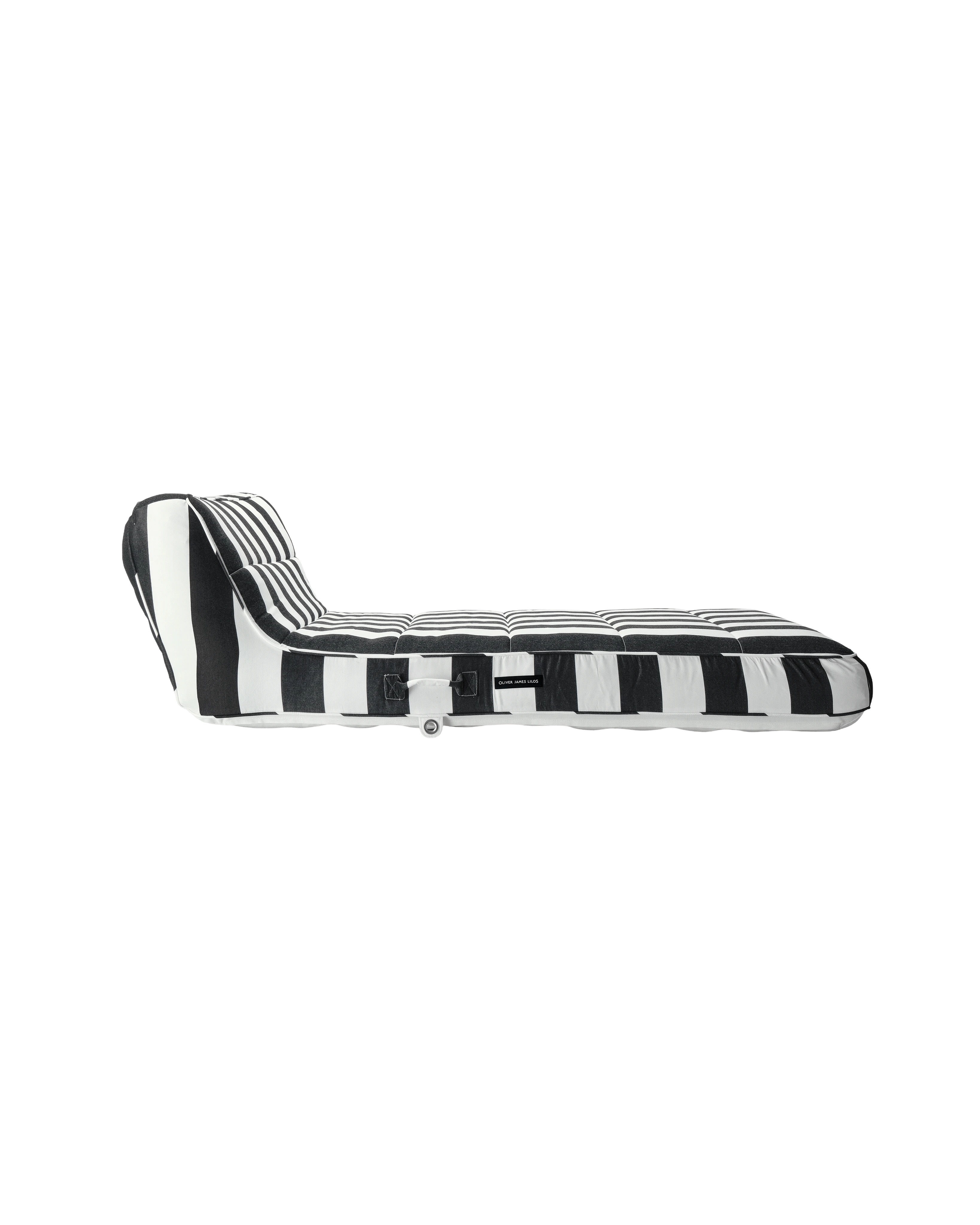 Side view of a premium inflatable pool float with ergonomic backrest and bold black and white stripes, showcasing the Oliver James logo tag.