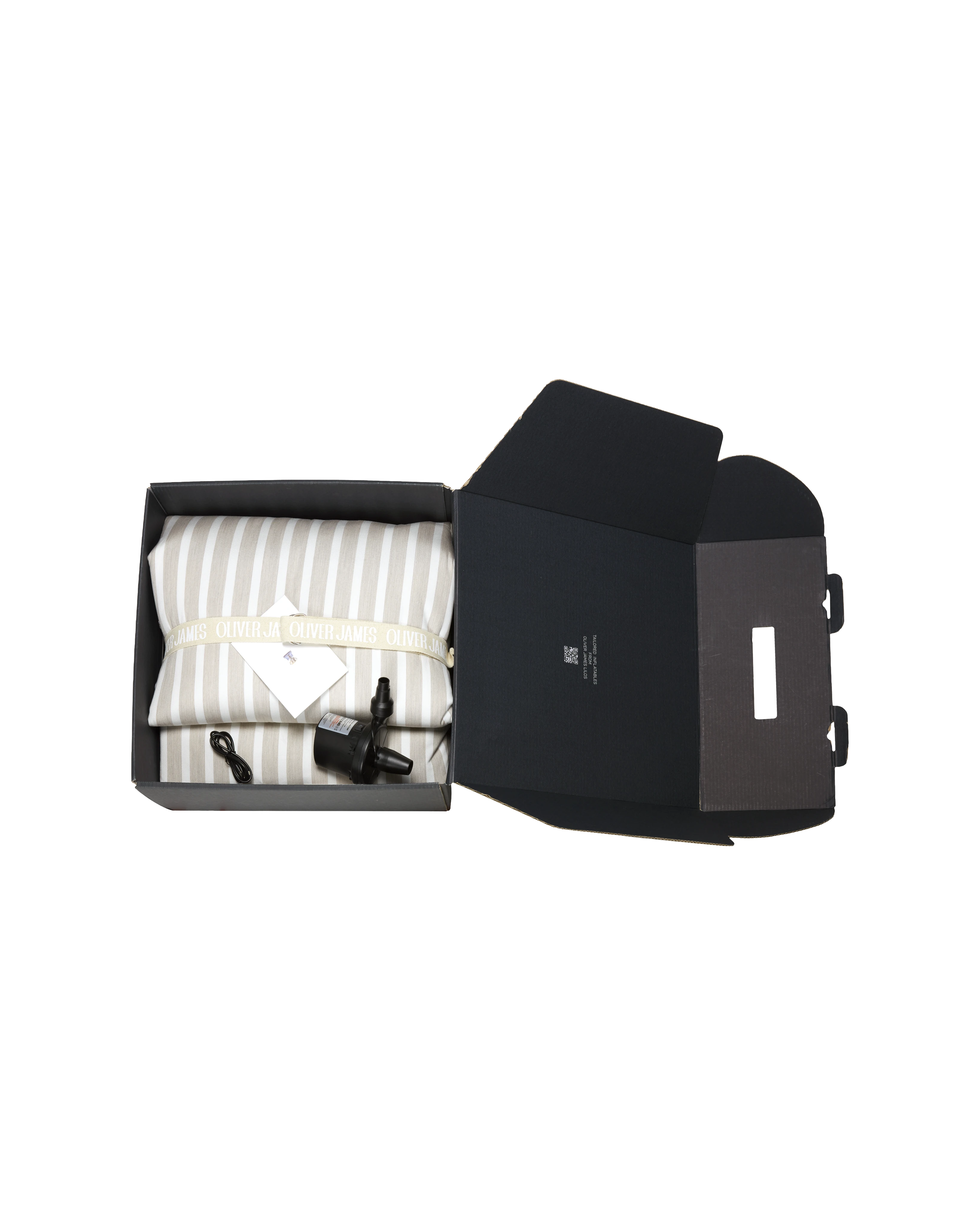 Chic pool lounger with branded ribbon and included pump, carefully packaged for an elevated unboxing experience — a luxury pool float for discerning buyers.
