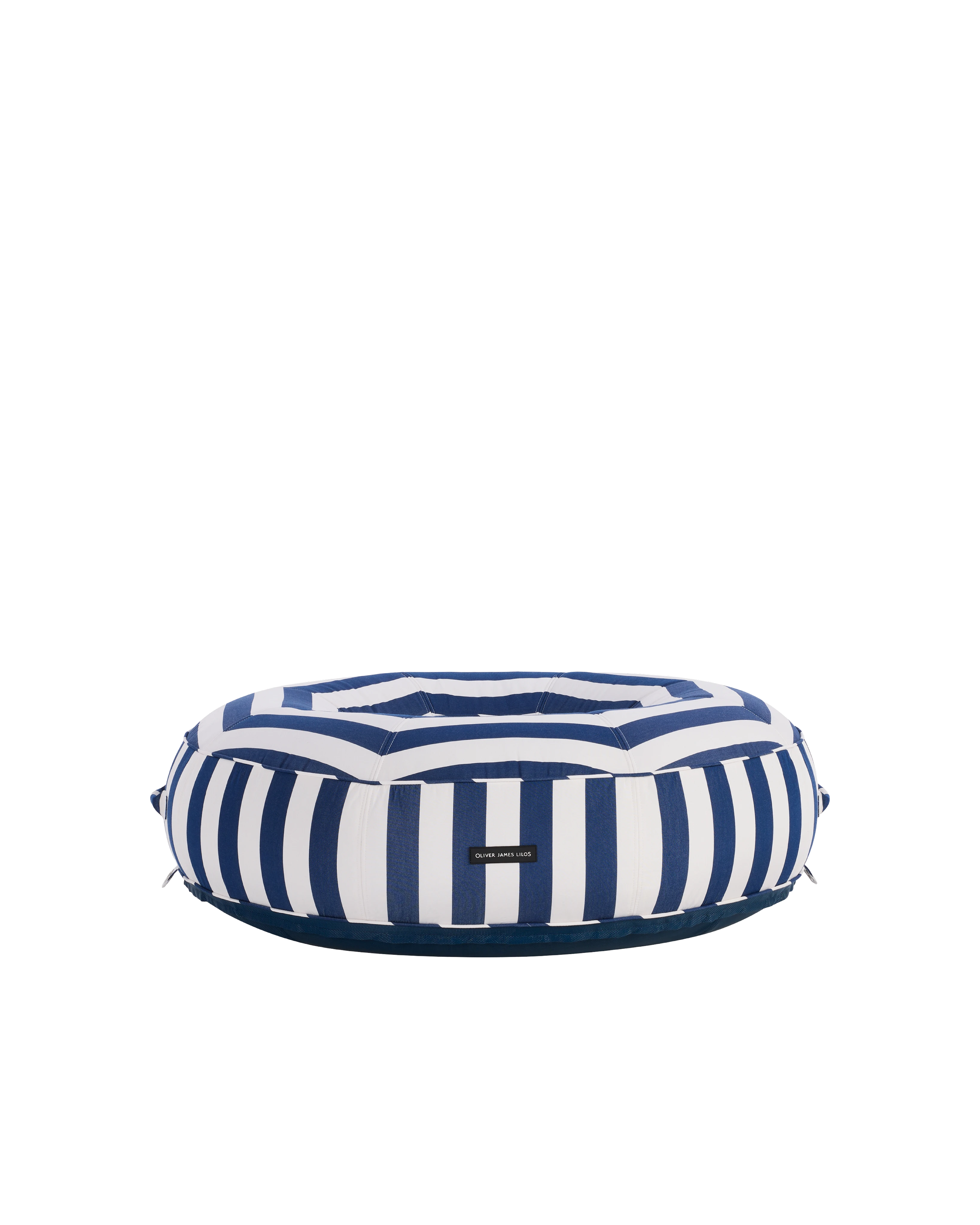 Angle view of a luxury round inflatable pool float with white and blue stripes, featuring an open center and tailored upholstered finish.