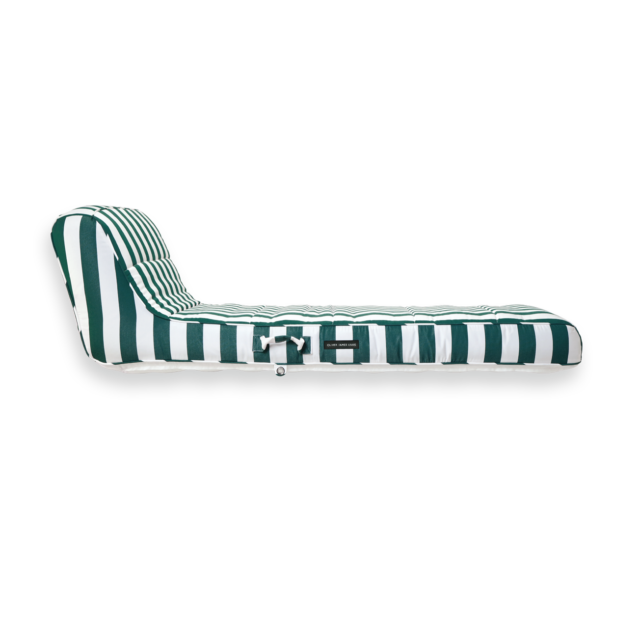 The side of a luxury pool float in green and white stripe fabric.