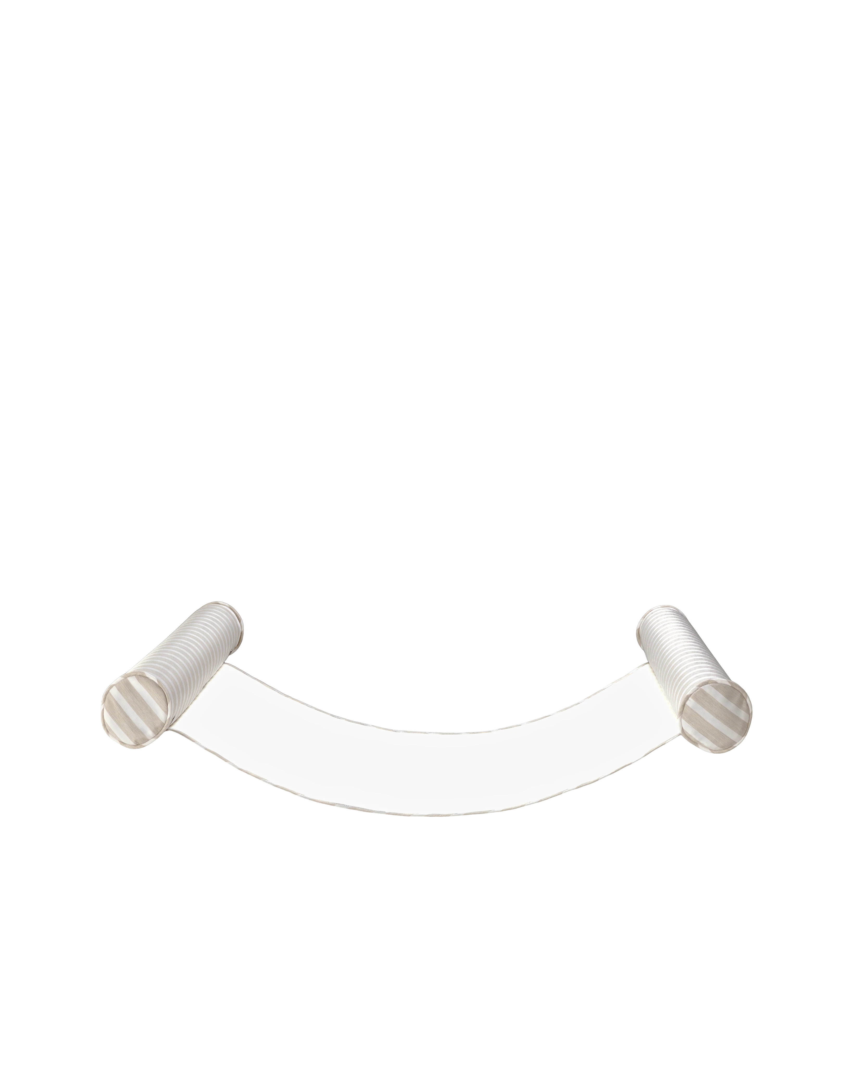 Angled view of a luxury floating hammock with beige and white striped inflatable bolsters and a breathable mesh sling — the perfect upscale pool float for laid-back lounging.
