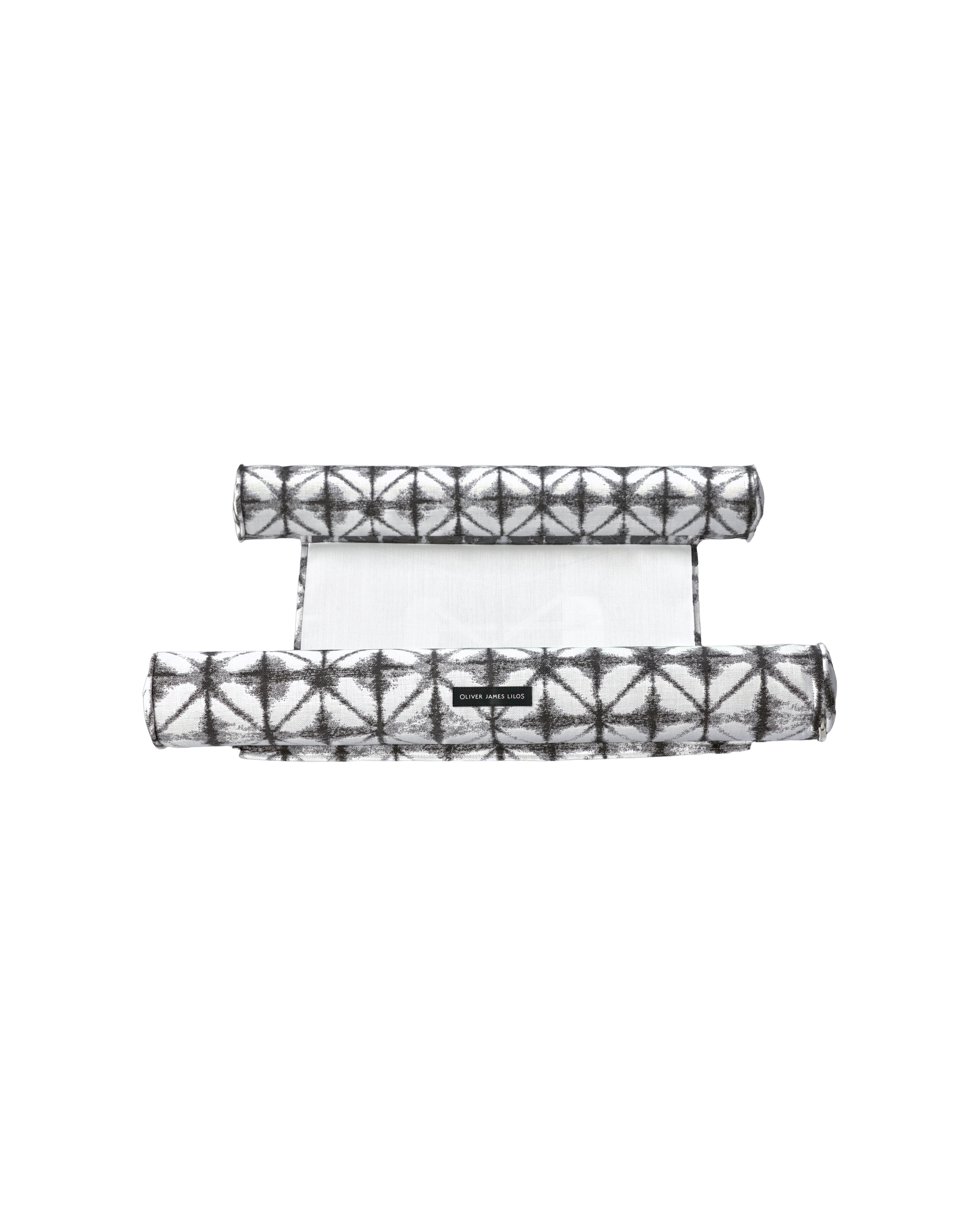 Top-down view of the Oliver James floating hammock pool float, with dual inflatable headrests in grey and white geometric jacquard fabric and a soft mesh center for stylish aquatic relaxation.